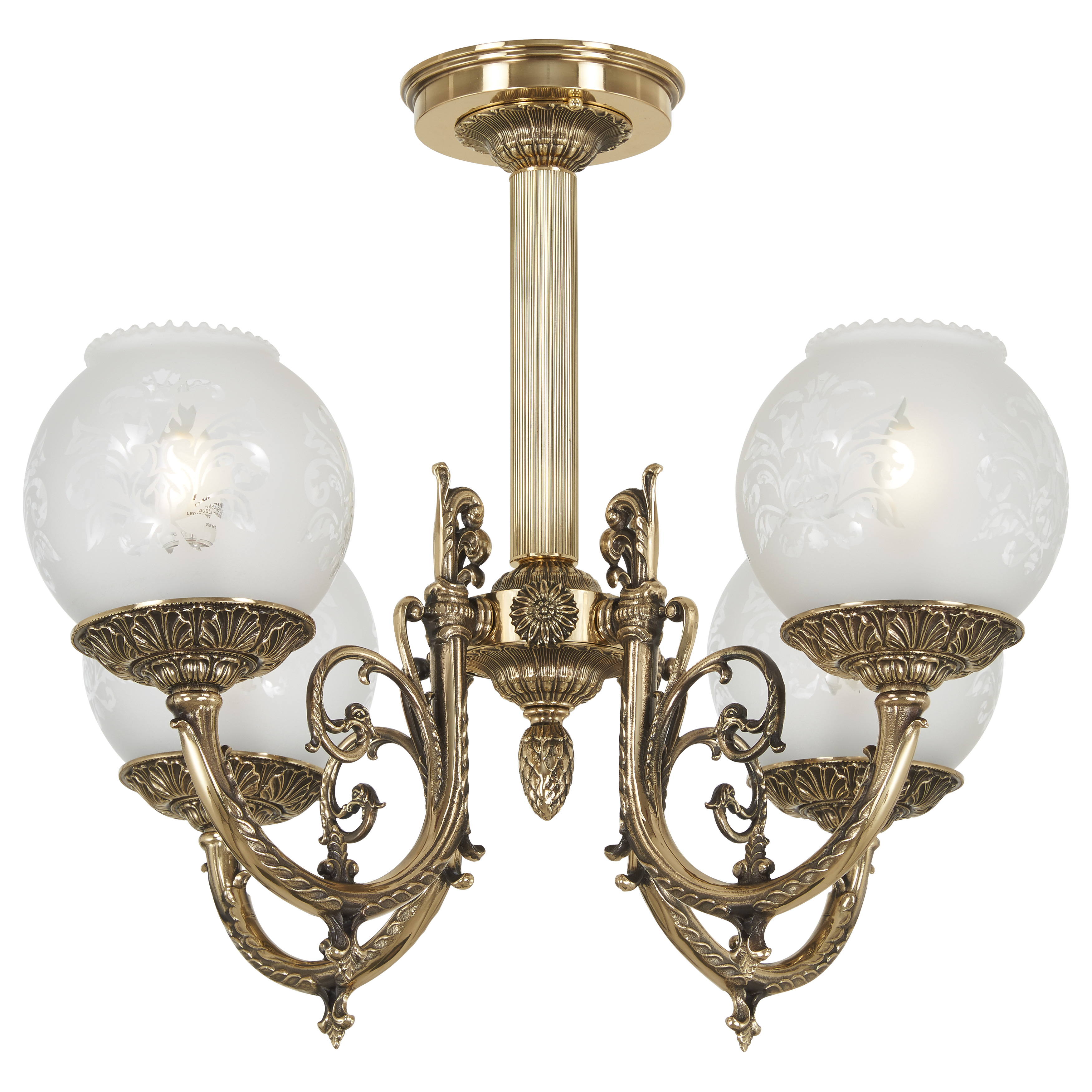 This 4-light semi-flush fixture combines antique brass warmth with frosted etched glass for elegant ambient lighting. The 21-inch width suits medium-sized rooms while the traditional styling complements classic interiors.