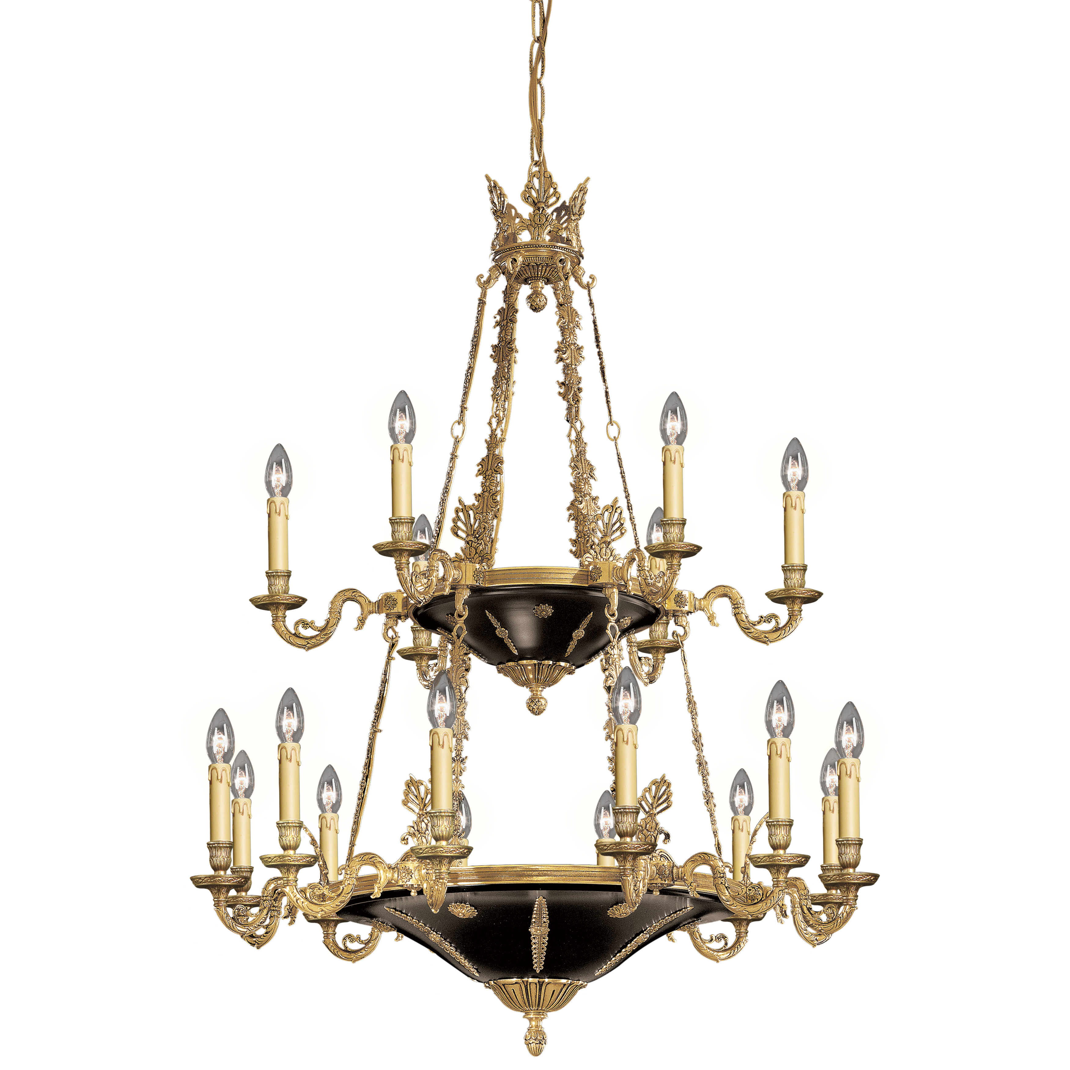 This magnificent 18-light chandelier showcases traditional European elegance with its Doré gold finish and black accents. Handcrafted in Spain using the lost wax casting technique, it delivers authentic Old World craftsmanship at an impressive 32-inch scale.