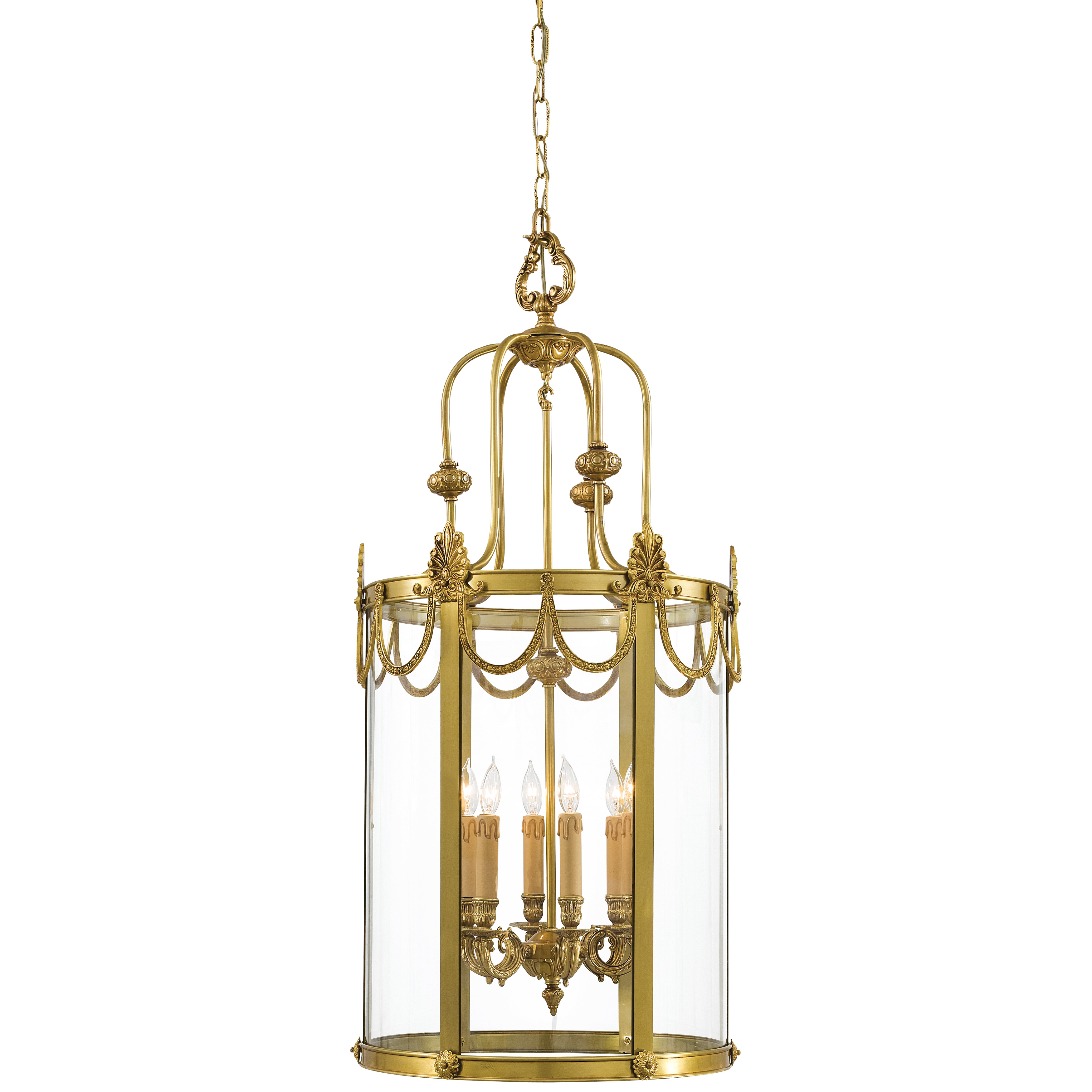 This handcrafted solid brass pendant from Spain brings Old World craftsmanship to your entryway. The Doré Gold finish and clear glass create a warm, welcoming glow perfect for grand foyers and formal spaces.