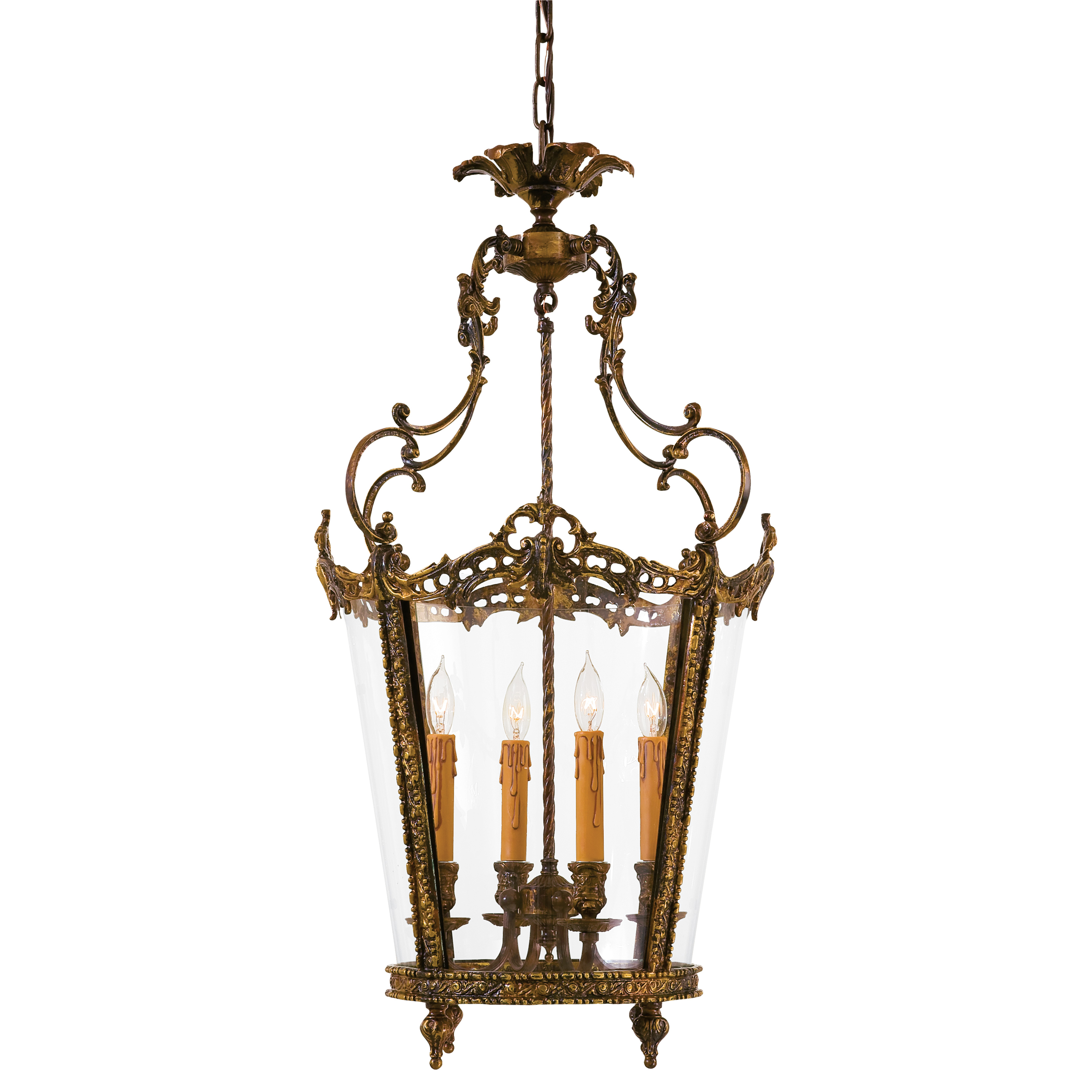 This exquisite 4-light foyer pendant showcases authentic Italian craftsmanship using the traditional lost wax casting technique. The oxide brass finish and delicate leaf accents create organic elegance, while clear glass shades provide brilliant illumination for grand entryways.