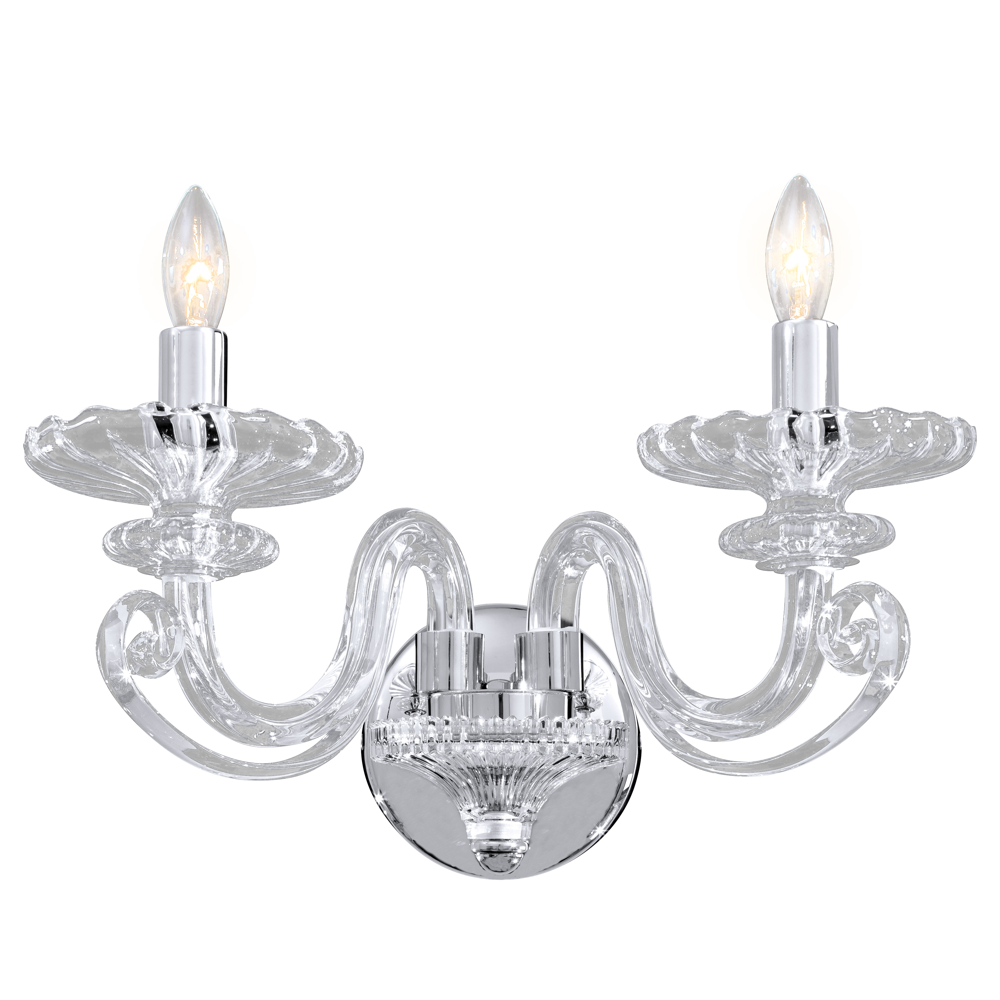 This Metropolitan Family Collection wall sconce combines polished chrome with clear glass for a clean, versatile look. The dual-bulb design provides ample illumination while the compact 12.75" width fits comfortably in bathrooms and hallways.