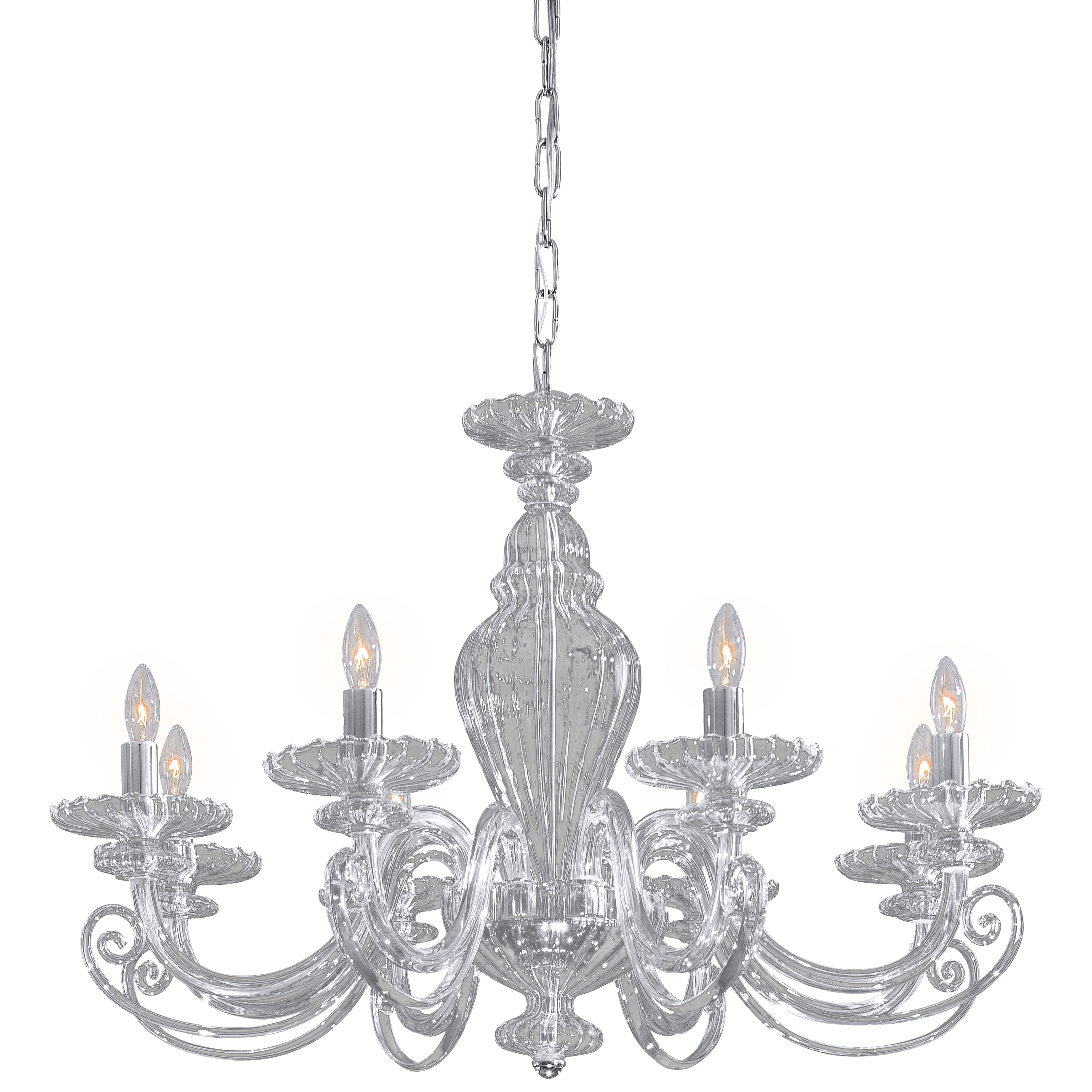 This Metropolitan Family Collection chandelier combines classic elegance with contemporary chrome finish. Eight candelabra lights provide ample illumination through clear glass shades, perfect for dining rooms and entryways.