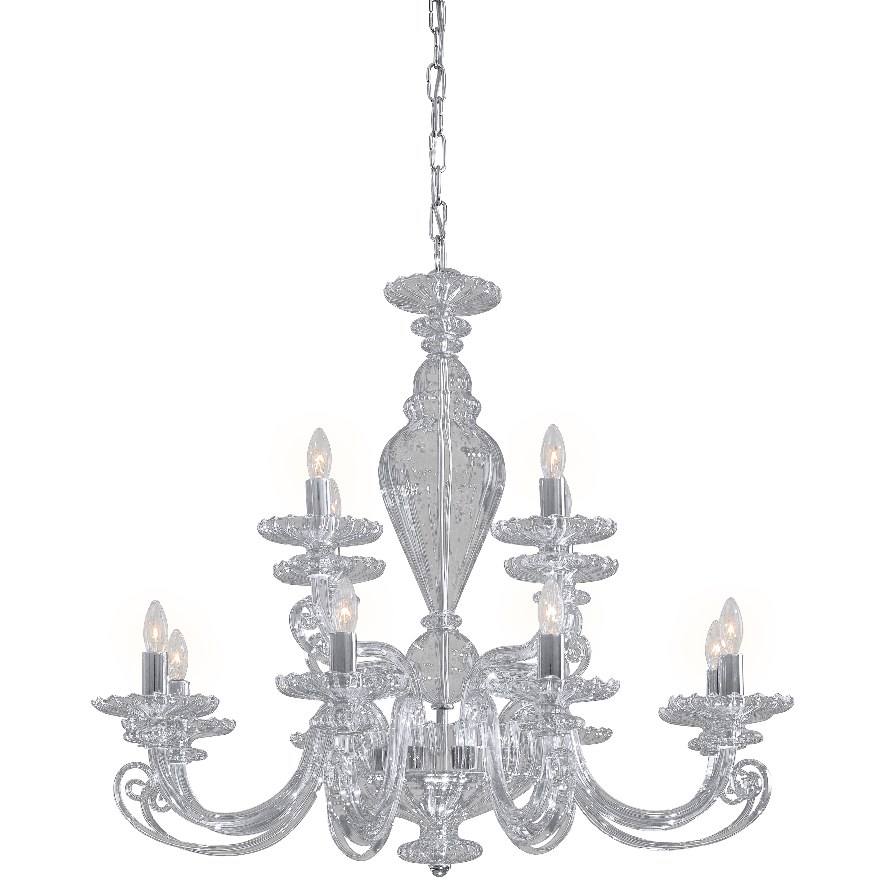 This Metropolitan Family chandelier combines classic elegance with contemporary chrome finish. Featuring 12 candelabra lights and clear glass elements, it delivers substantial illumination while maintaining refined sophistication.