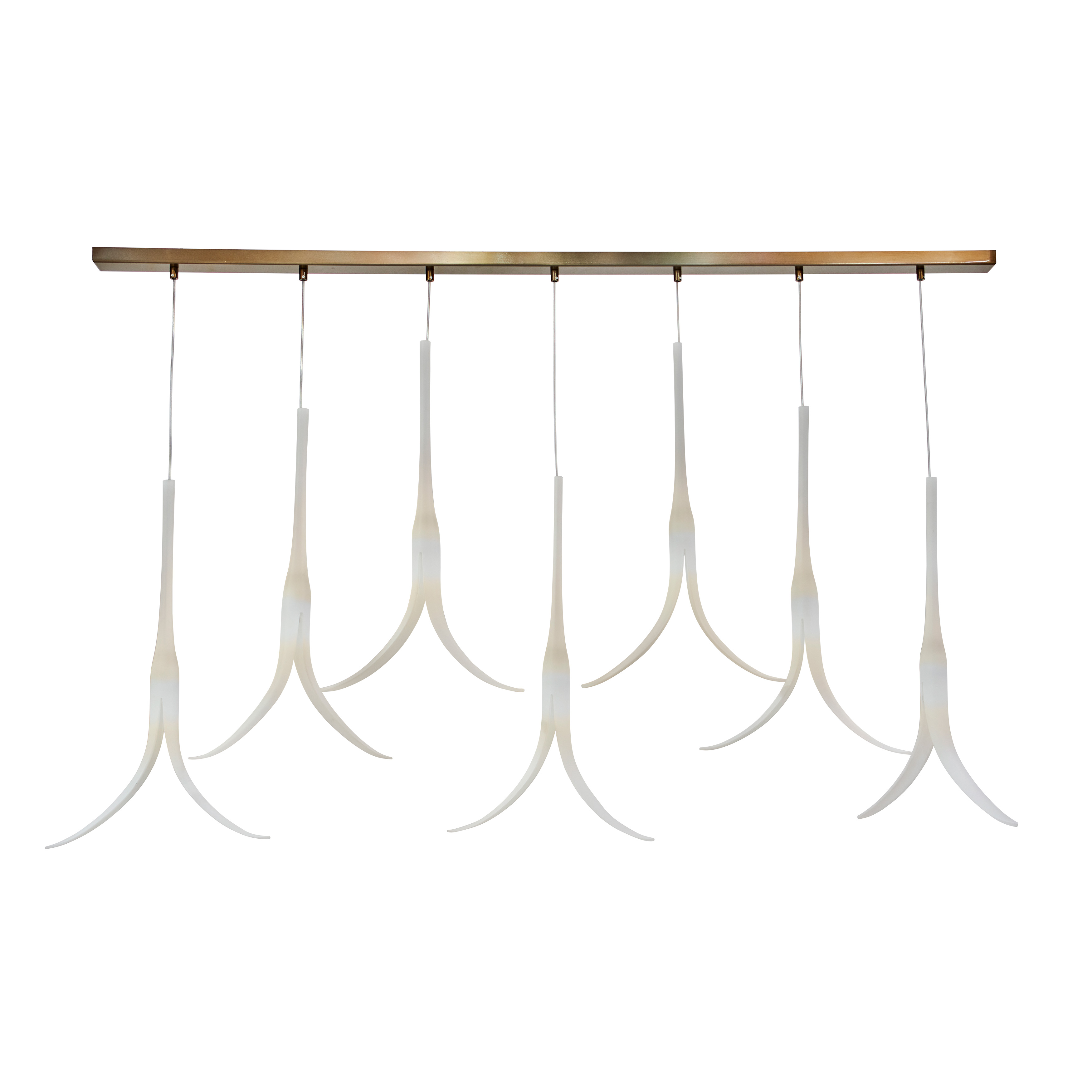 The Featherly brings contemporary sophistication to kitchen islands and dining spaces with its sleek 53-inch linear profile. Seven G9 bulbs behind white frosted glass create even, glare-free illumination while the gold finish adds warmth.