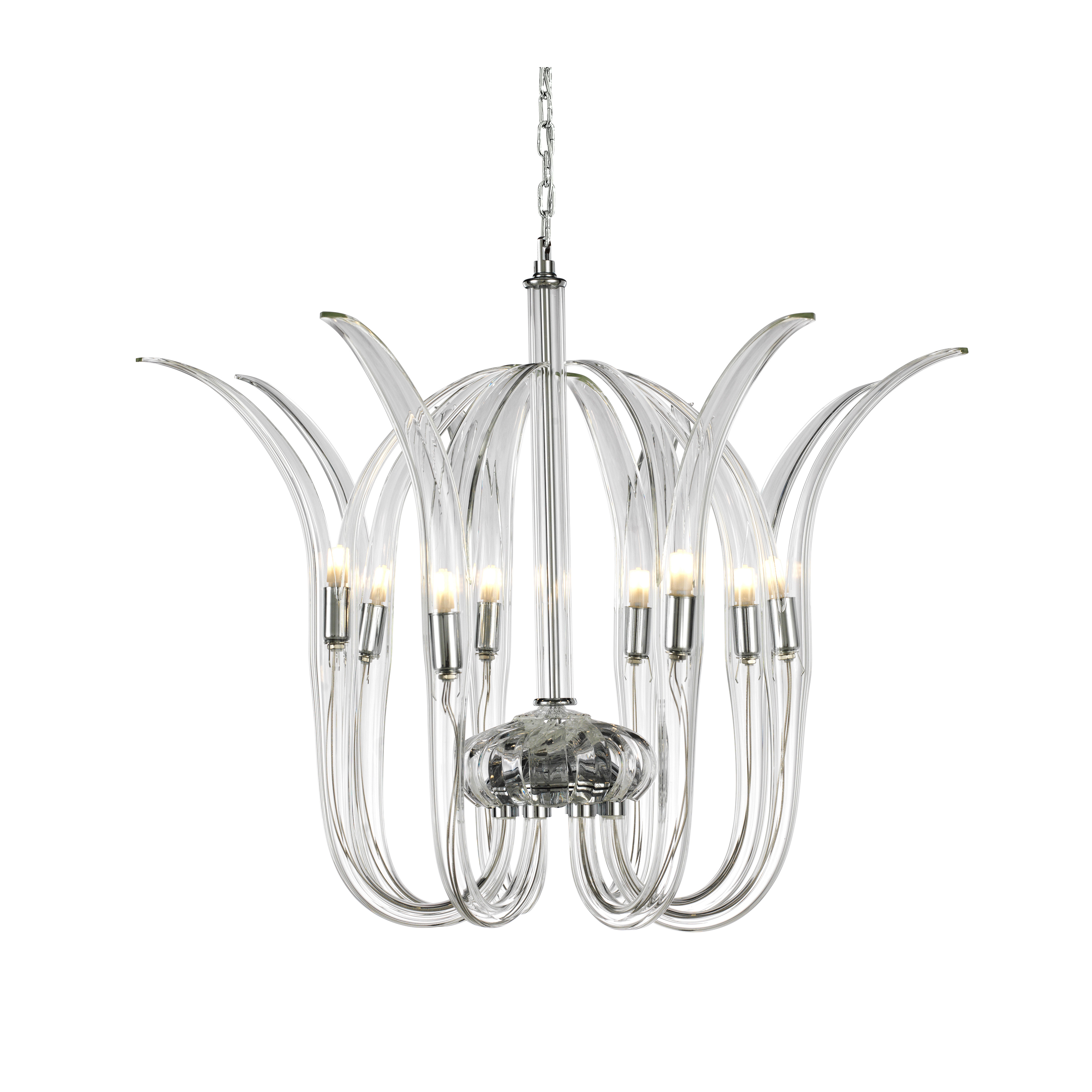The Cisne 8-light pendant combines timeless crystal elegance with contemporary polished nickel hardware. Its 19-inch width makes it versatile for medium-sized spaces, while clear crystal elements create beautiful light refraction and ambient sparkle.