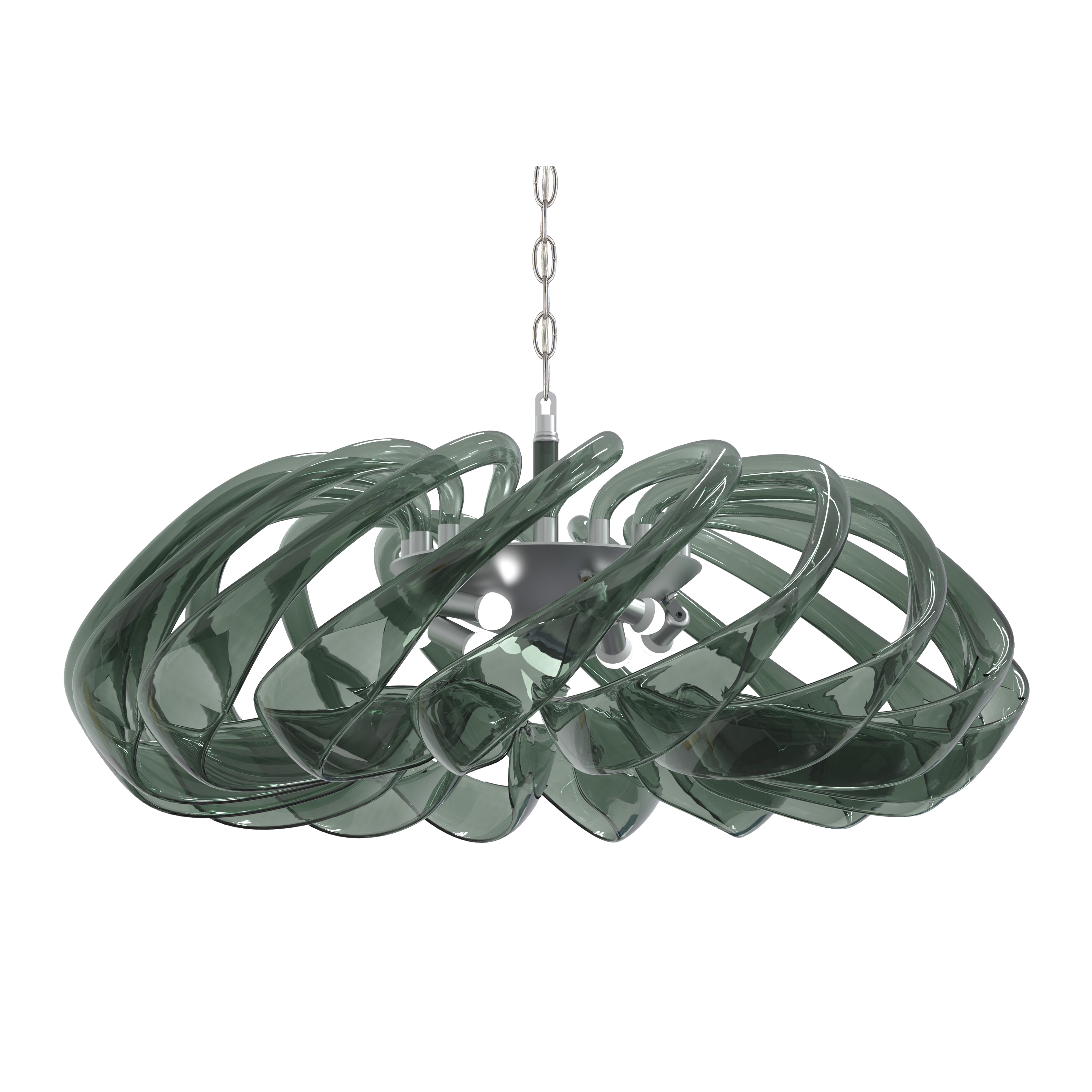The Donatella pendant combines contemporary elegance with dramatic scale, featuring eight smoke green glass shades suspended from a polished nickel frame. Its substantial 37-inch width makes it perfect for large dining spaces and open-concept areas.