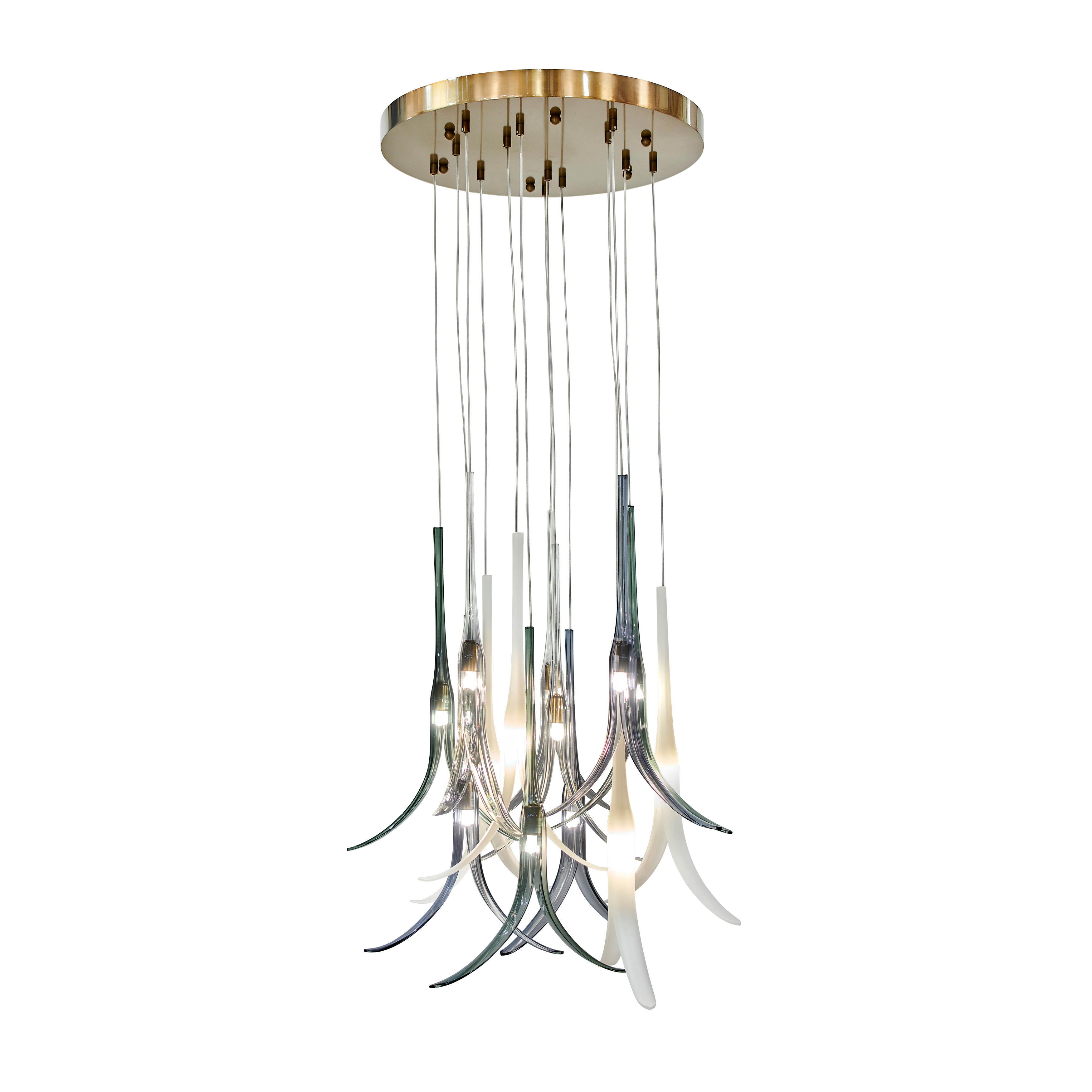 The Featherly pendant combines 13 artisan glass shades in clear, smoke, blue, and frosted finishes with a luxurious gold frame. This eye-catching fixture delivers abundant light while serving as a sculptural focal point.