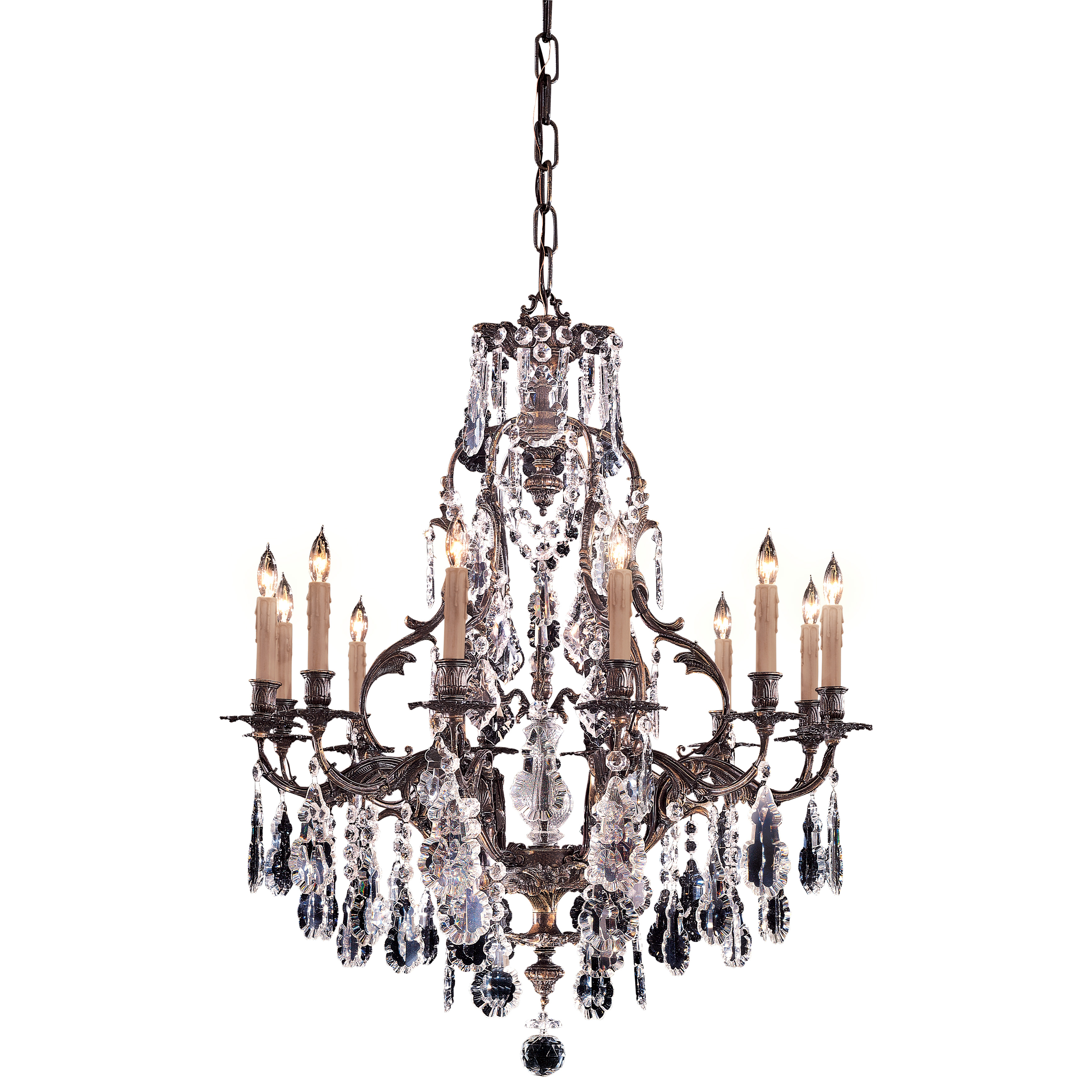 This stunning 12-light chandelier showcases Old World craftsmanship with lost wax casting and oversized Bohemian crystals. The oxidized brass finish adds warmth and character, making it perfect for traditional and transitional interiors.