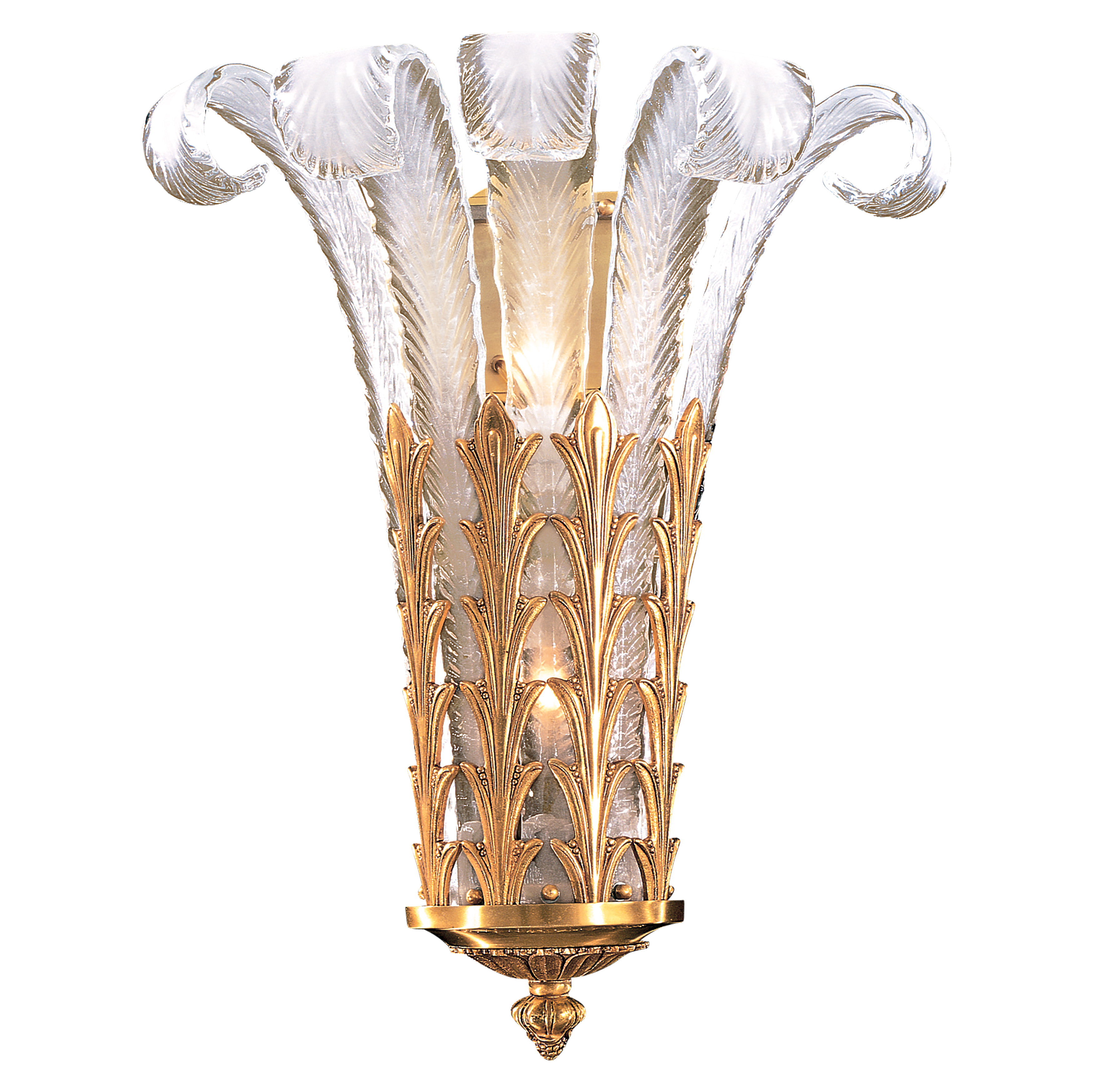 This exquisite wall sconce combines solid cast brass construction with hand-shaped white Murano glass, handcrafted in Spain. The French Gold finish and transitional design make it versatile for traditional and contemporary interiors.