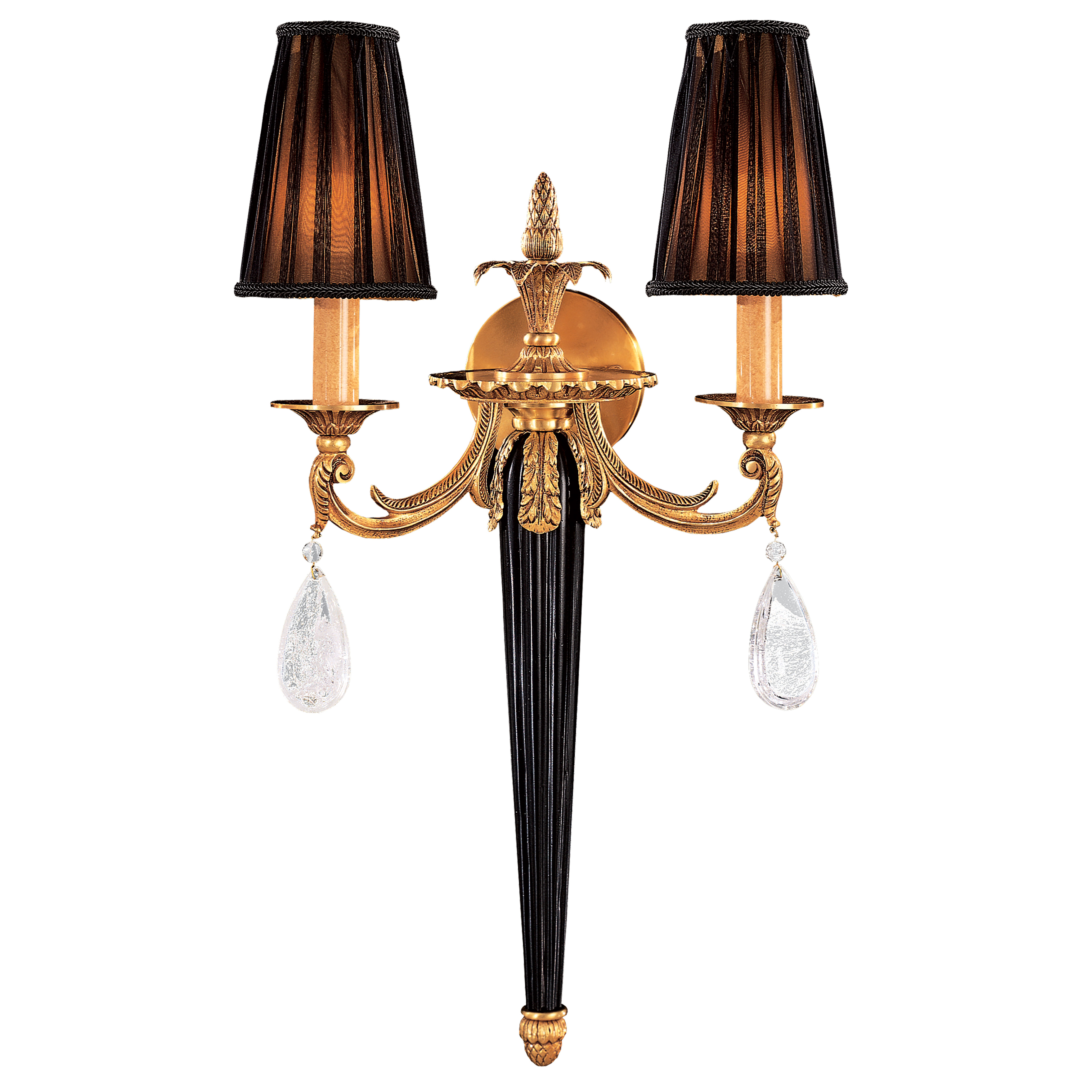 This stunning 2-light wall sconce combines Art Deco glamour with European craftsmanship. Featuring French Gold finish, genuine rock crystal accents, and sophisticated black fabric shades, it delivers timeless elegance.