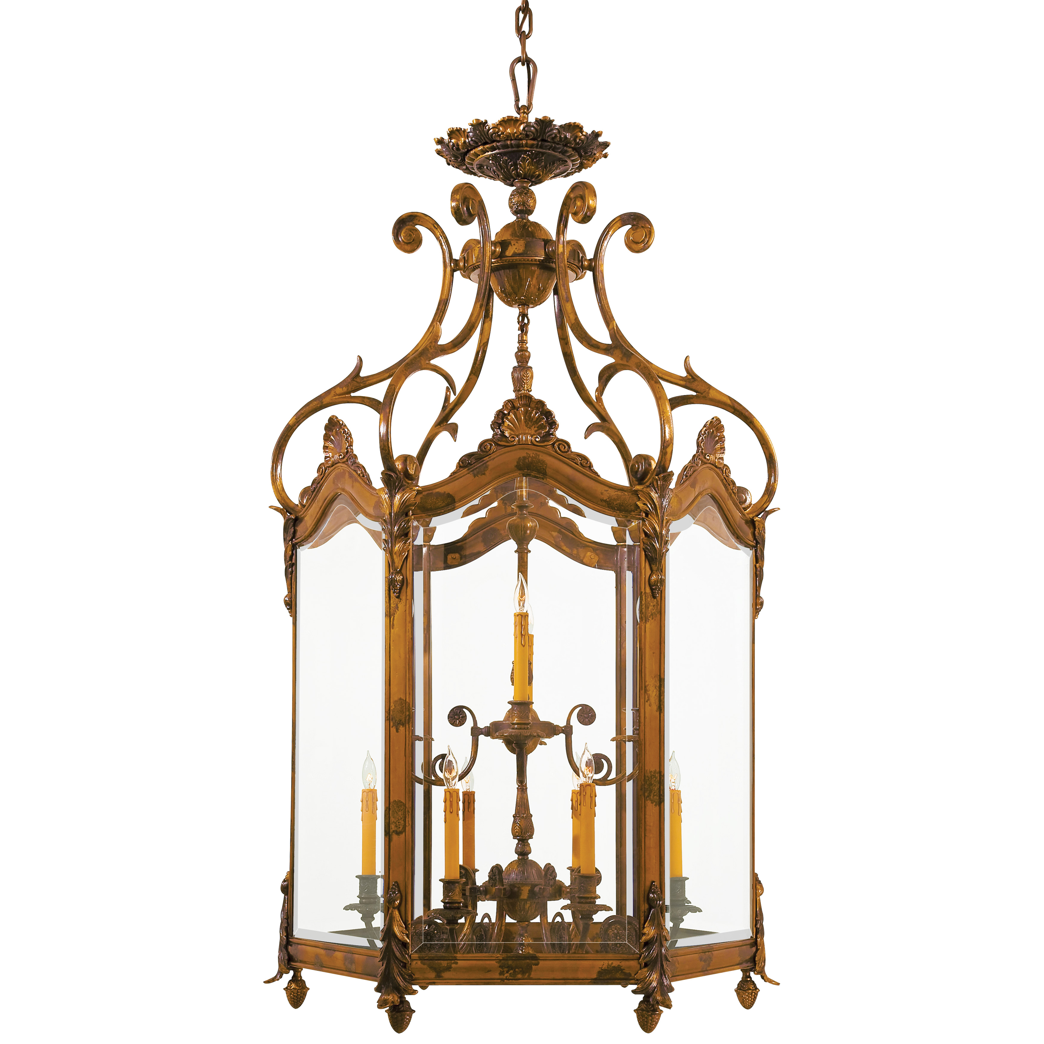 This handcrafted Spanish foyer pendant commands attention with 12 candelabra lights and clear beveled glass panels. The substantial 35-inch width and oxide bronze finish create an elegant focal point perfect for two-story spaces.