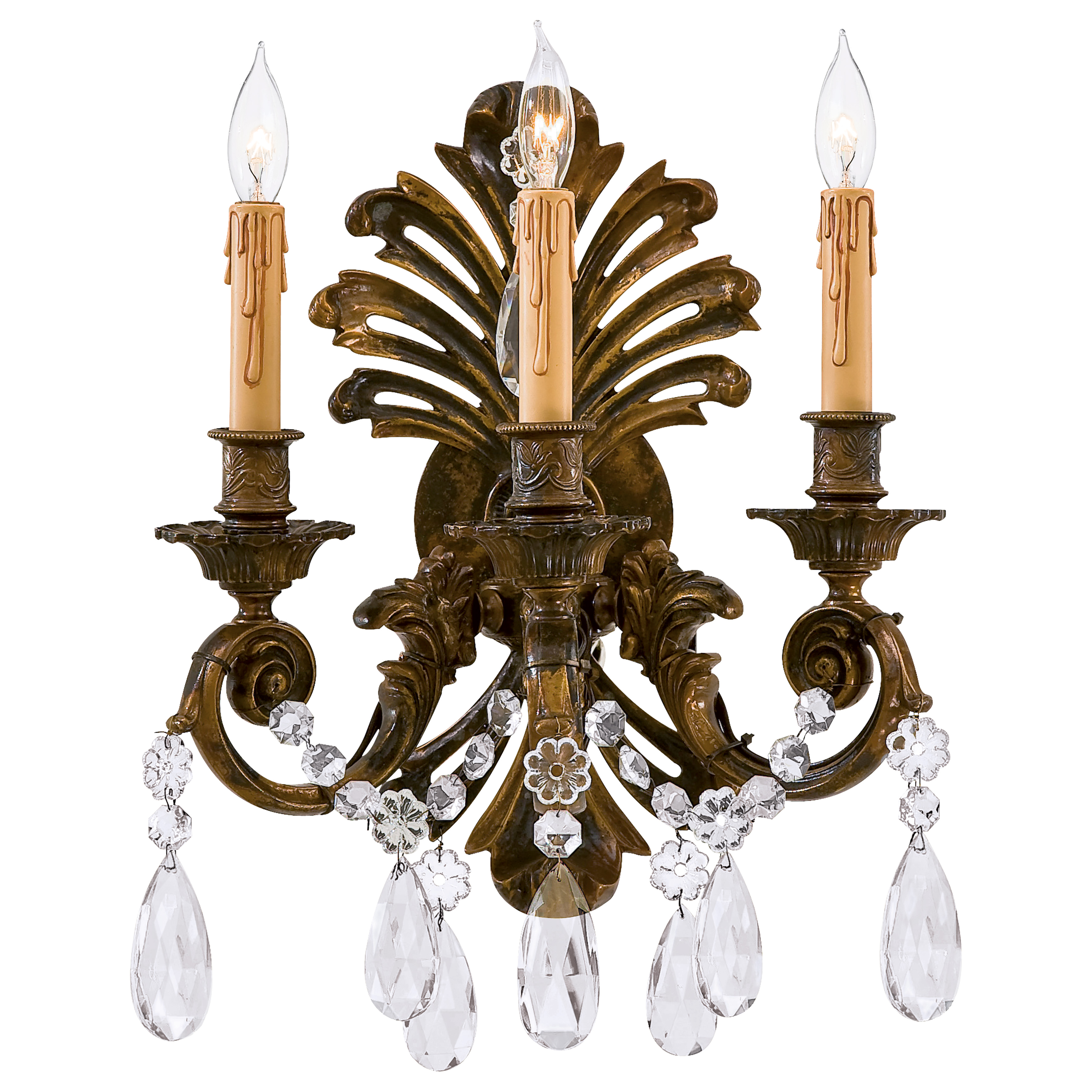 This exquisite wall sconce combines Old World craftsmanship with transitional design. Handcrafted in Italy with solid cast construction and oxidized brass finish, it features authentic Bohemian crystals that add refined sparkle to any space.