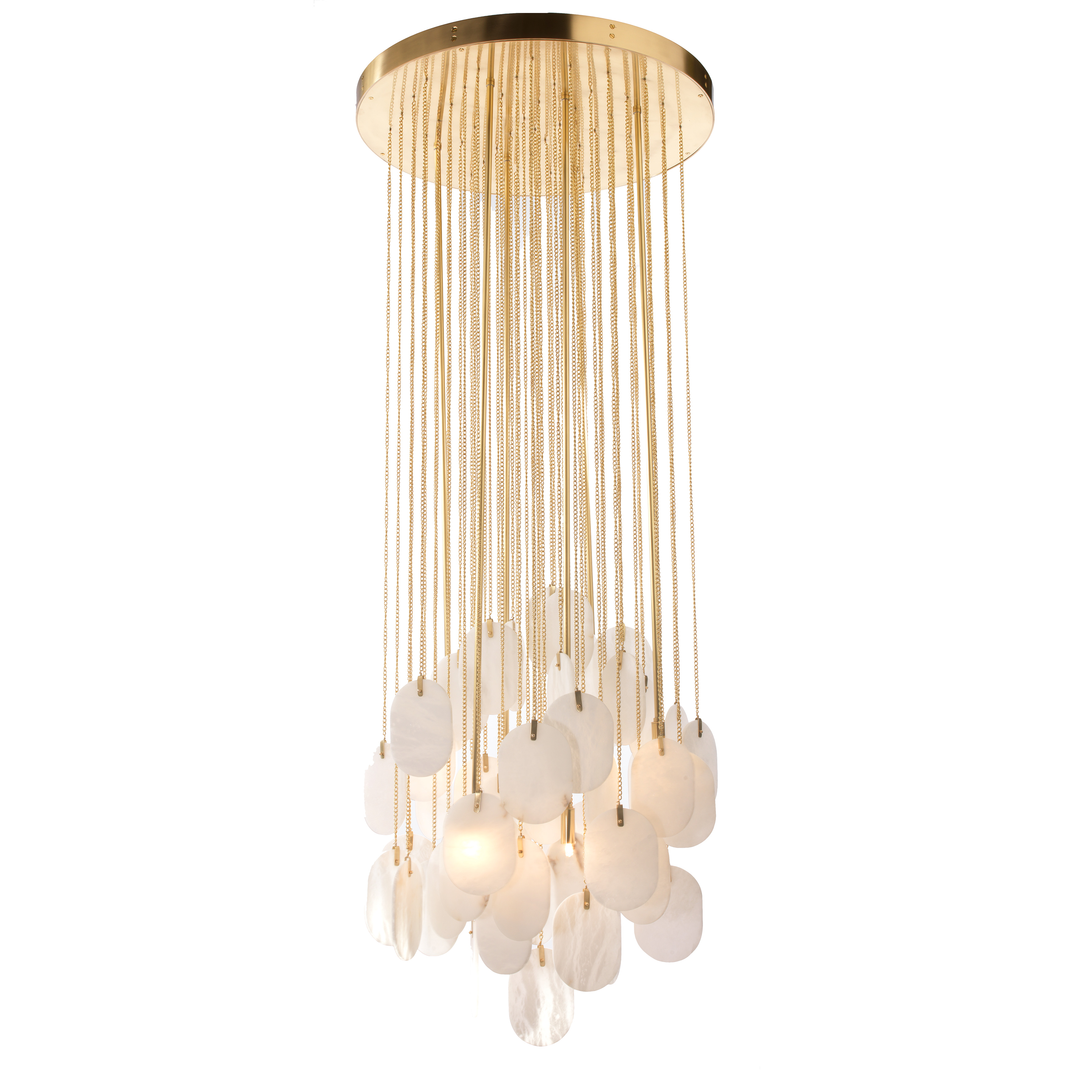 The Constaledo makes a dramatic impact with its 27.5-inch pan design featuring six G9 lights and decorative white alabaster medallions. The warm brass finish and substantial scale create an elegant focal point perfect for grand spaces.