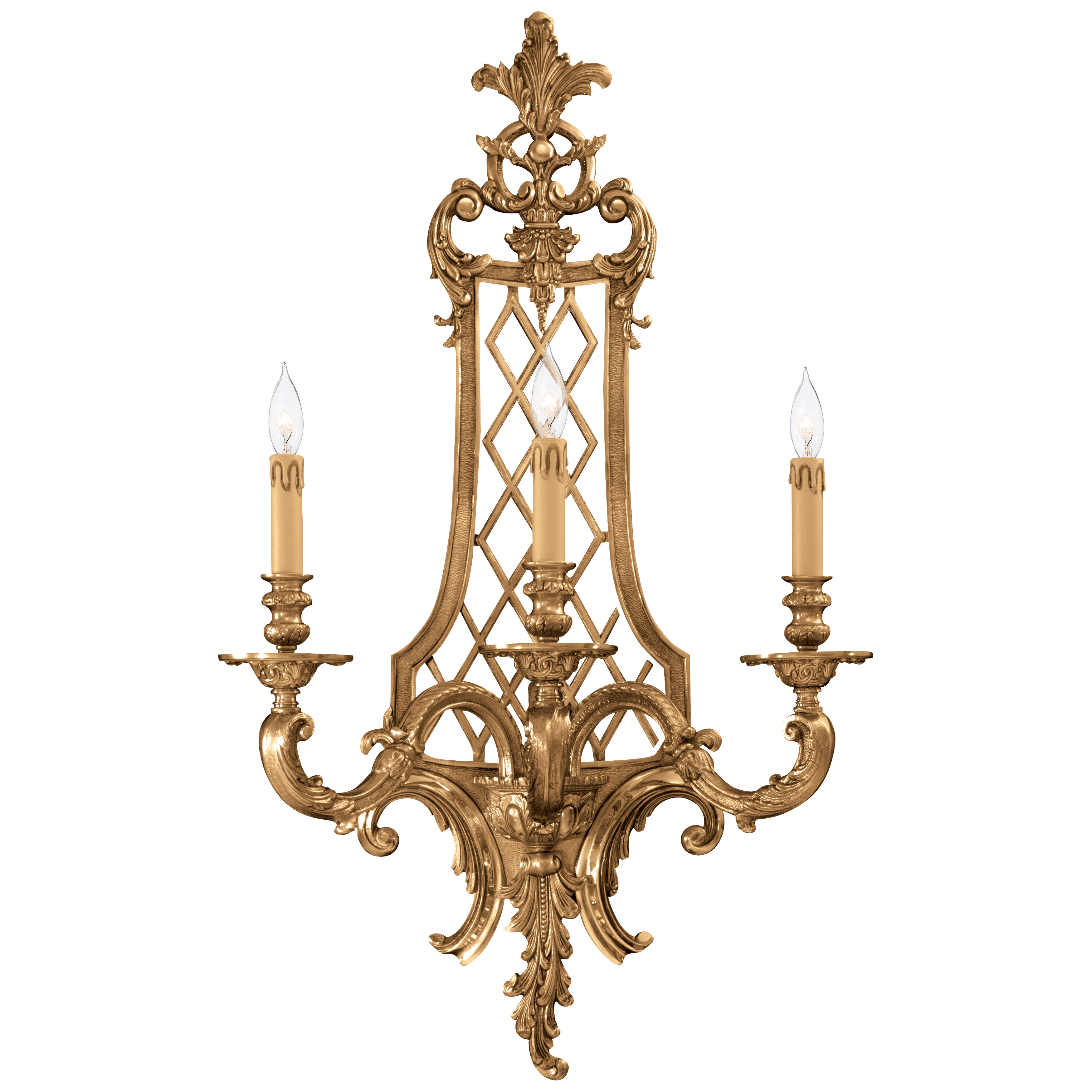 This substantial 3-light wall sconce showcases authentic Lost Wax casting craftsmanship from Italy. The Renaissance Gold finish on solid brass creates a luxurious statement piece perfect for grand entryways and formal spaces.