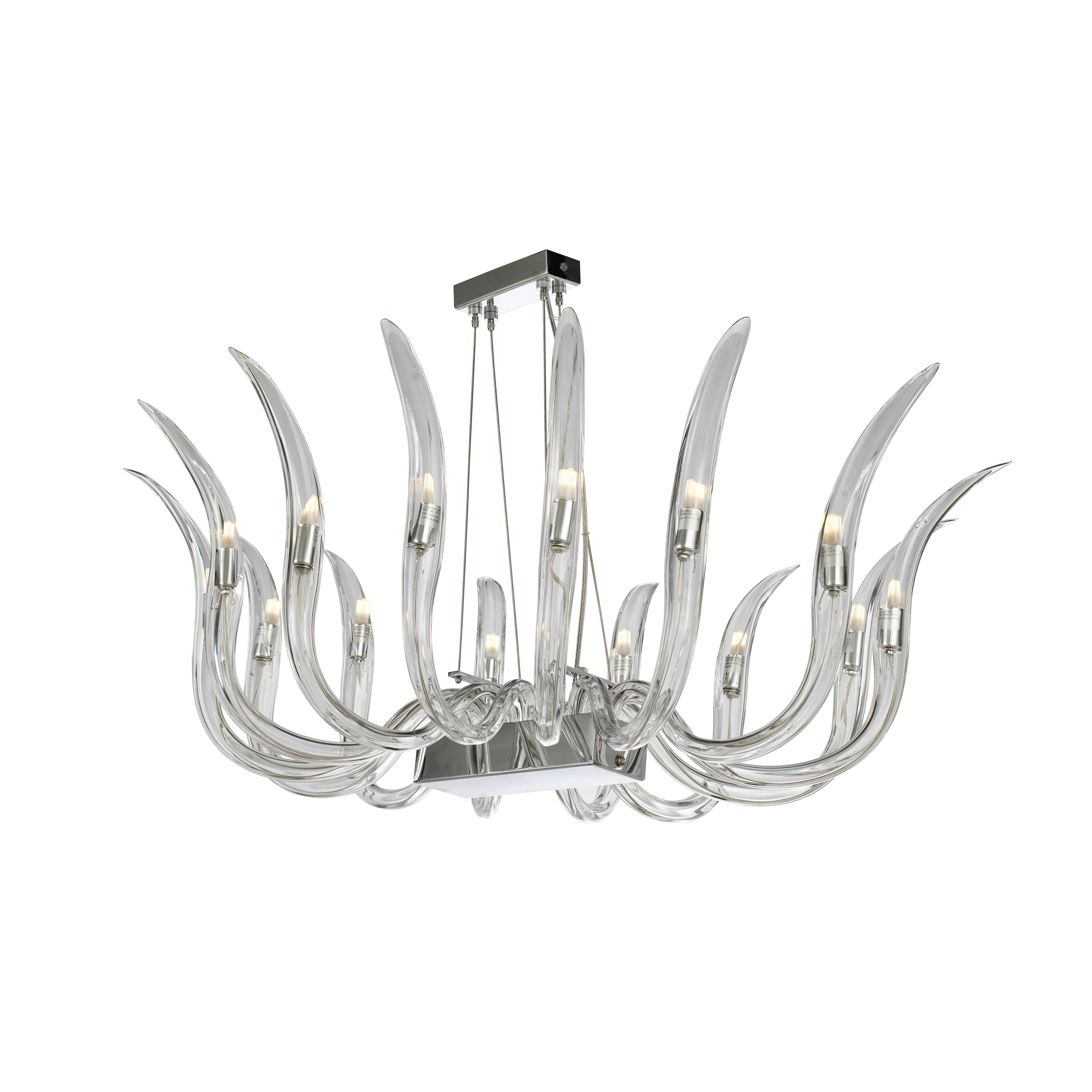 The Cisne pendant makes a dramatic statement with its elongated oval silhouette and 14 sparkling crystal lights. The polished nickel finish adds contemporary elegance while the clear crystals create brilliant light refraction.