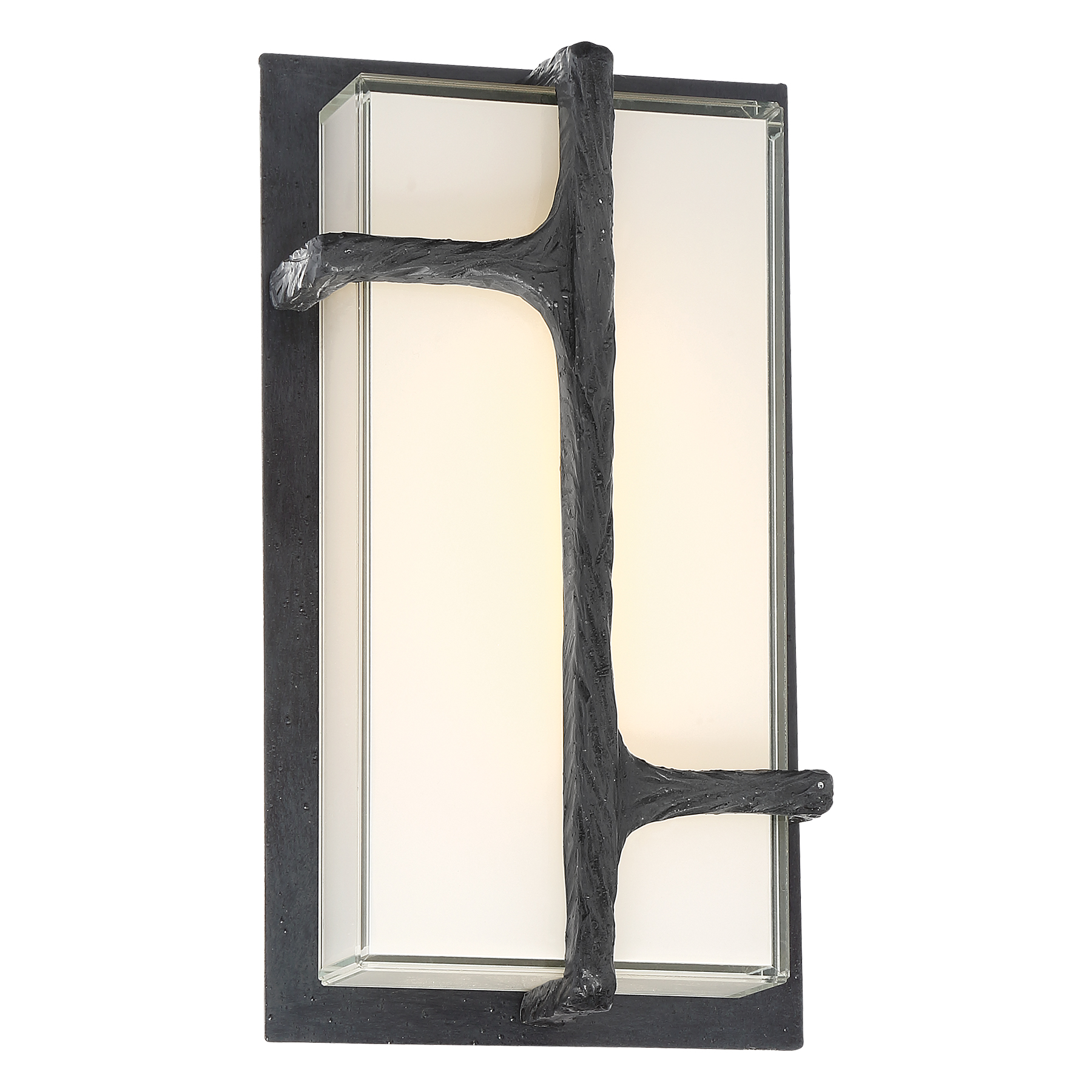 The Sirato LED Wall Sconce combines transitional styling with practical functionality. Its Spanish Iron finish and mitered white glass create a sophisticated look suitable for both interior and exterior applications.