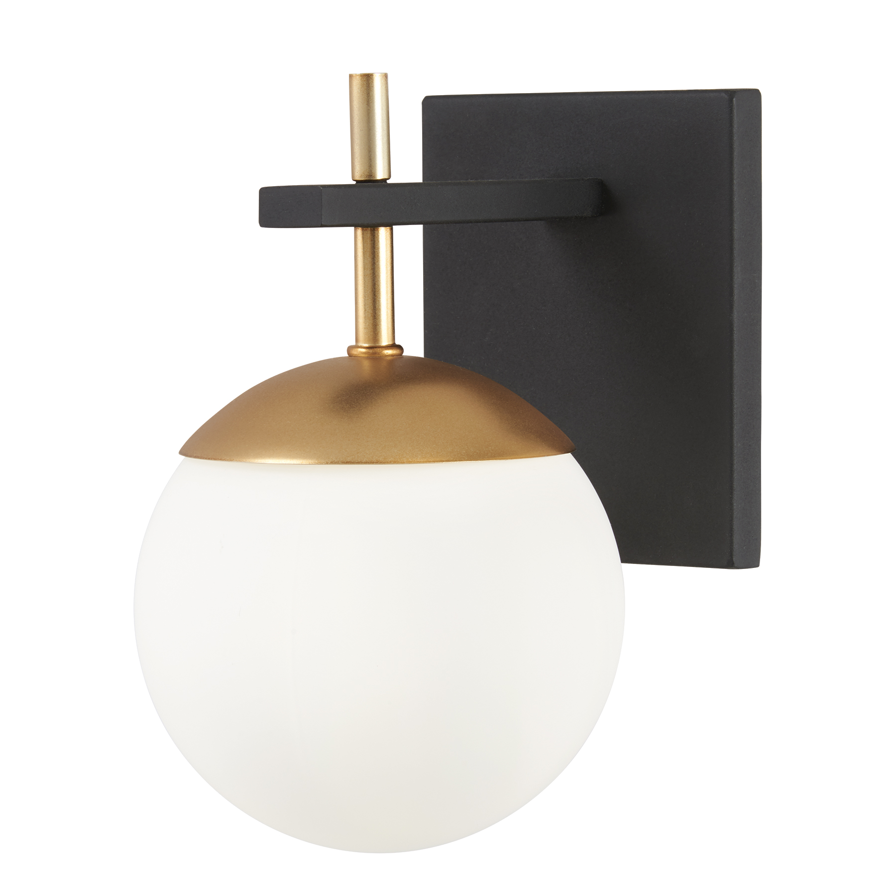 The Alluria wall sconce blends weathered black finish with gold accents for sophisticated ambiance. Its compact 6-inch width and etched opal glass shade make it ideal for bathrooms, hallways, and intimate spaces requiring refined lighting.