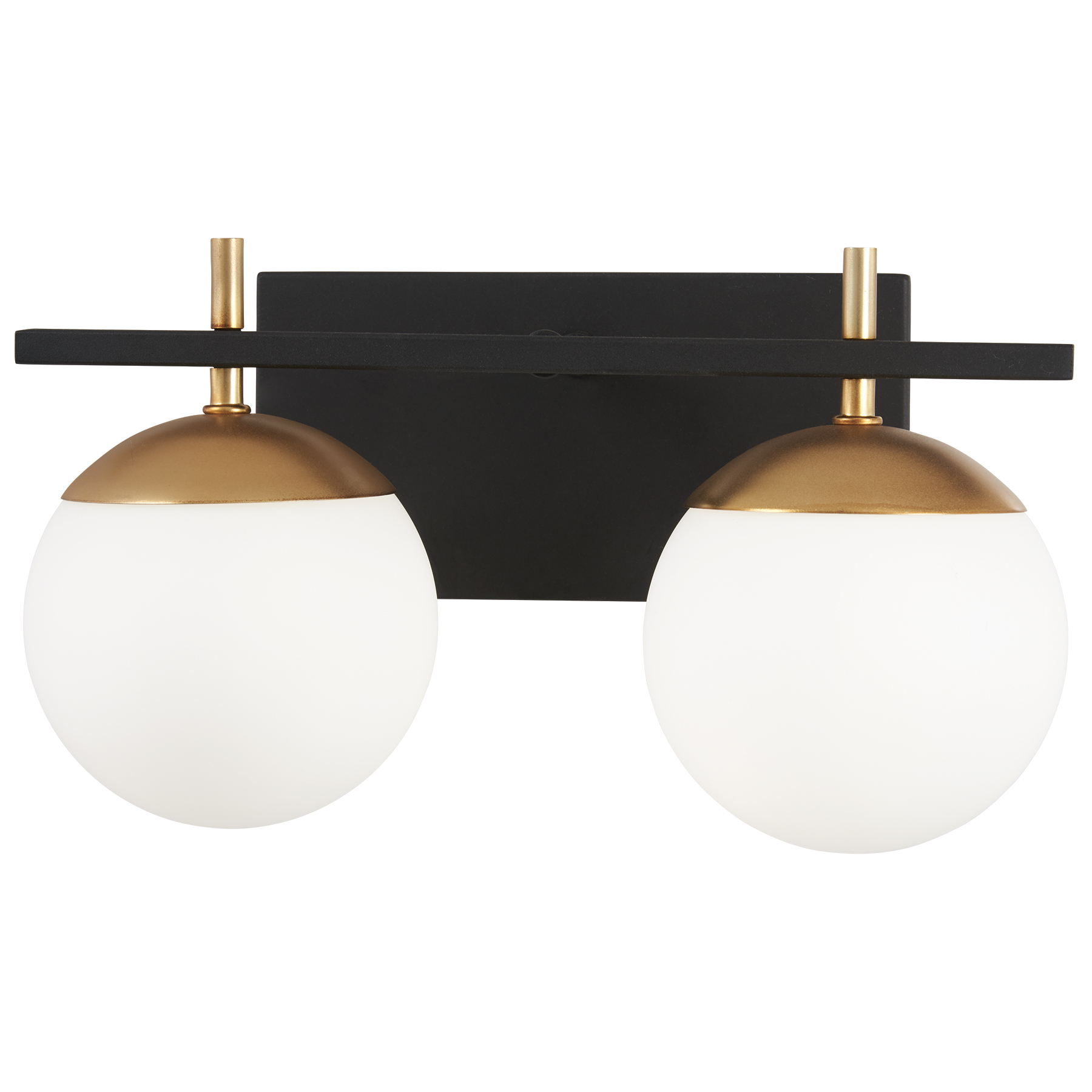 The Alluria 2-Light Bath fixture combines weathered black steel with gold accents and etched opal glass for a refined transitional aesthetic. Compact 15-inch width fits most vanities while providing ample illumination.