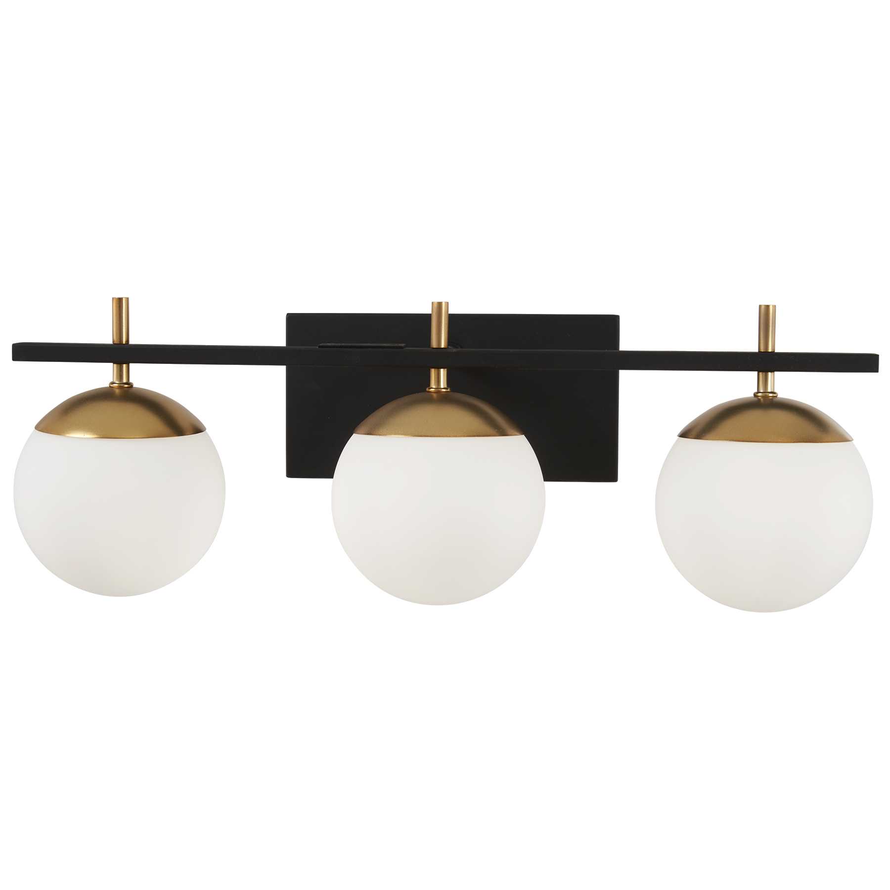 The Alluria 3-Light Bath fixture combines weathered black finish with autumn gold accents for sophisticated bathroom illumination. Etched opal glass shades provide soft, even light perfect for vanity tasks.