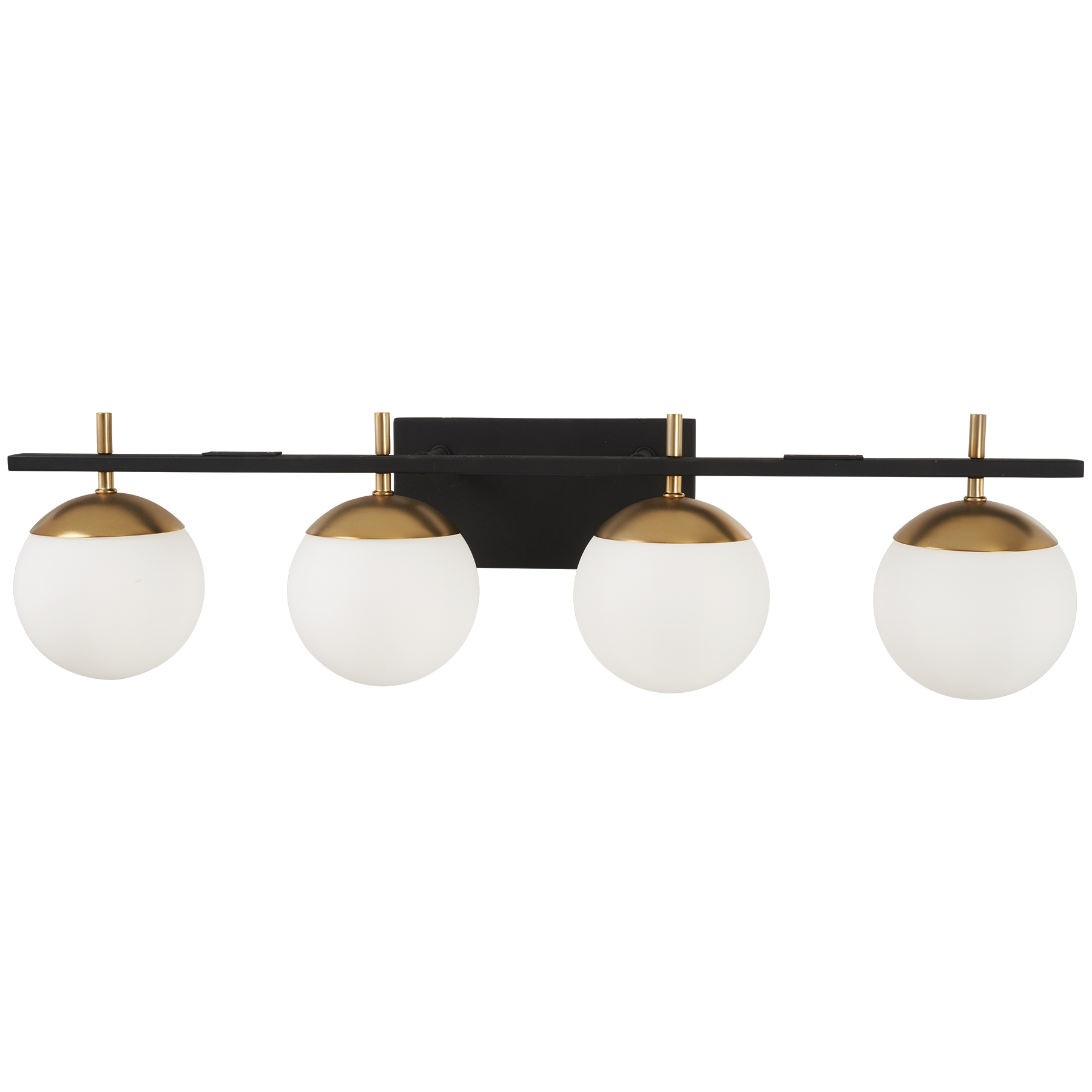 The Alluria 4-Light Bath Vanity combines weathered black finish with autumn gold accents for sophisticated bathroom illumination. At 33 inches wide, it provides ample lighting for double vanities while the etched opal glass creates soft, flattering light.