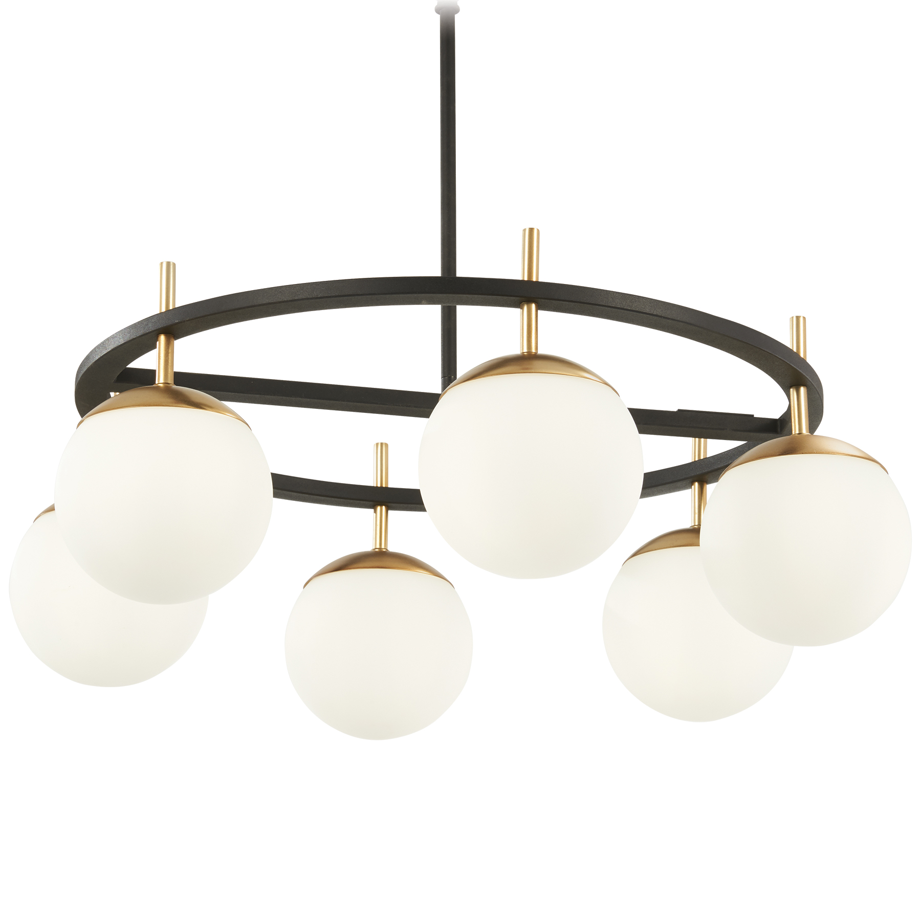 The Alluria 6-Light Pendant combines weathered black finish with autumn gold accents for sophisticated warmth. Its 27-inch width and etched opal glass shades provide ample illumination while the transitional design bridges traditional and contemporary styles.
