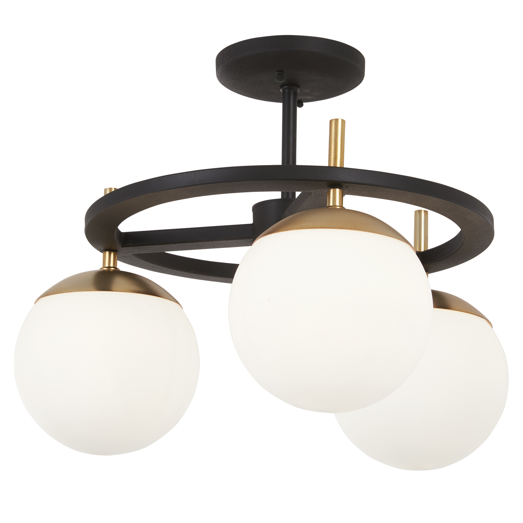 The Alluria semi-flush mount combines weathered black finish with autumn gold accents for sophisticated warmth. Its 18-inch width and etched opal glass shades provide ambient lighting ideal for rooms with lower ceilings.