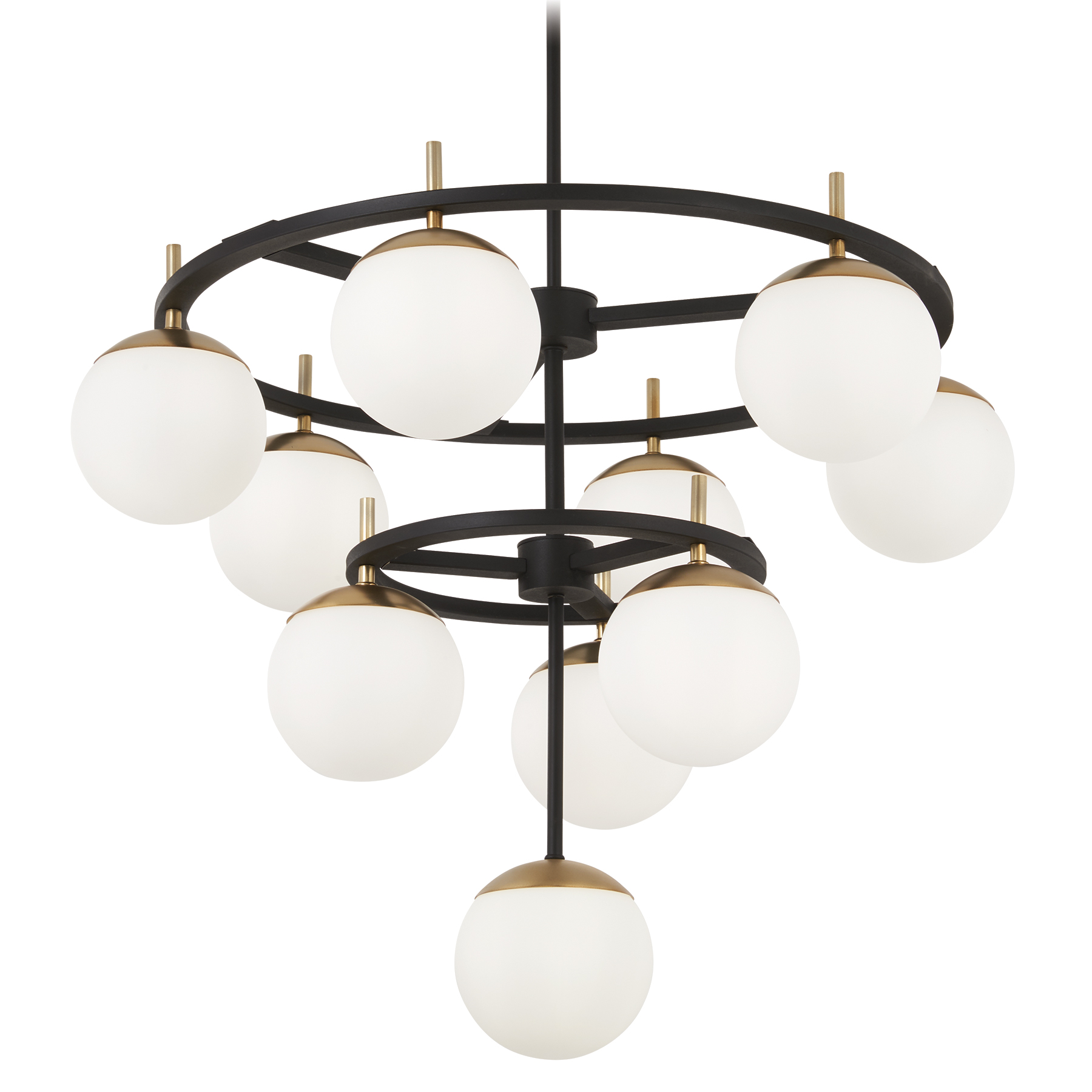 The Alluria 10-Light Chandelier combines weathered black finish with autumn gold accents for sophisticated warmth. Etched opal glass shades provide soft, diffused light perfect for dining and entertaining spaces.