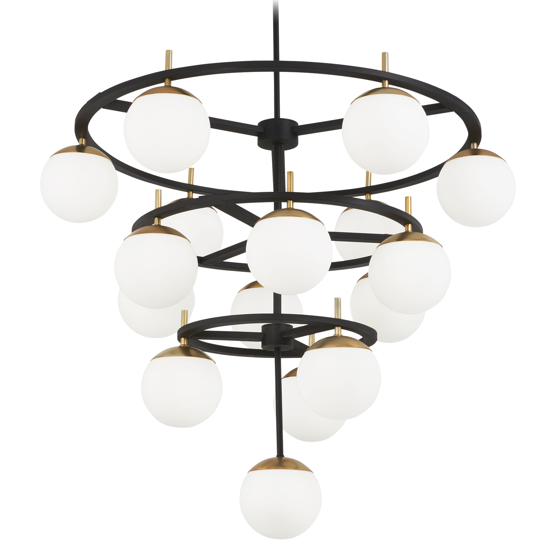 The Alluria chandelier makes a bold statement with 16 lights arranged in a generous 36-inch frame. Weathered black finish with autumn gold accents creates warmth, while etched opal glass shades provide soft, diffused illumination perfect for dining and entertaining spaces.