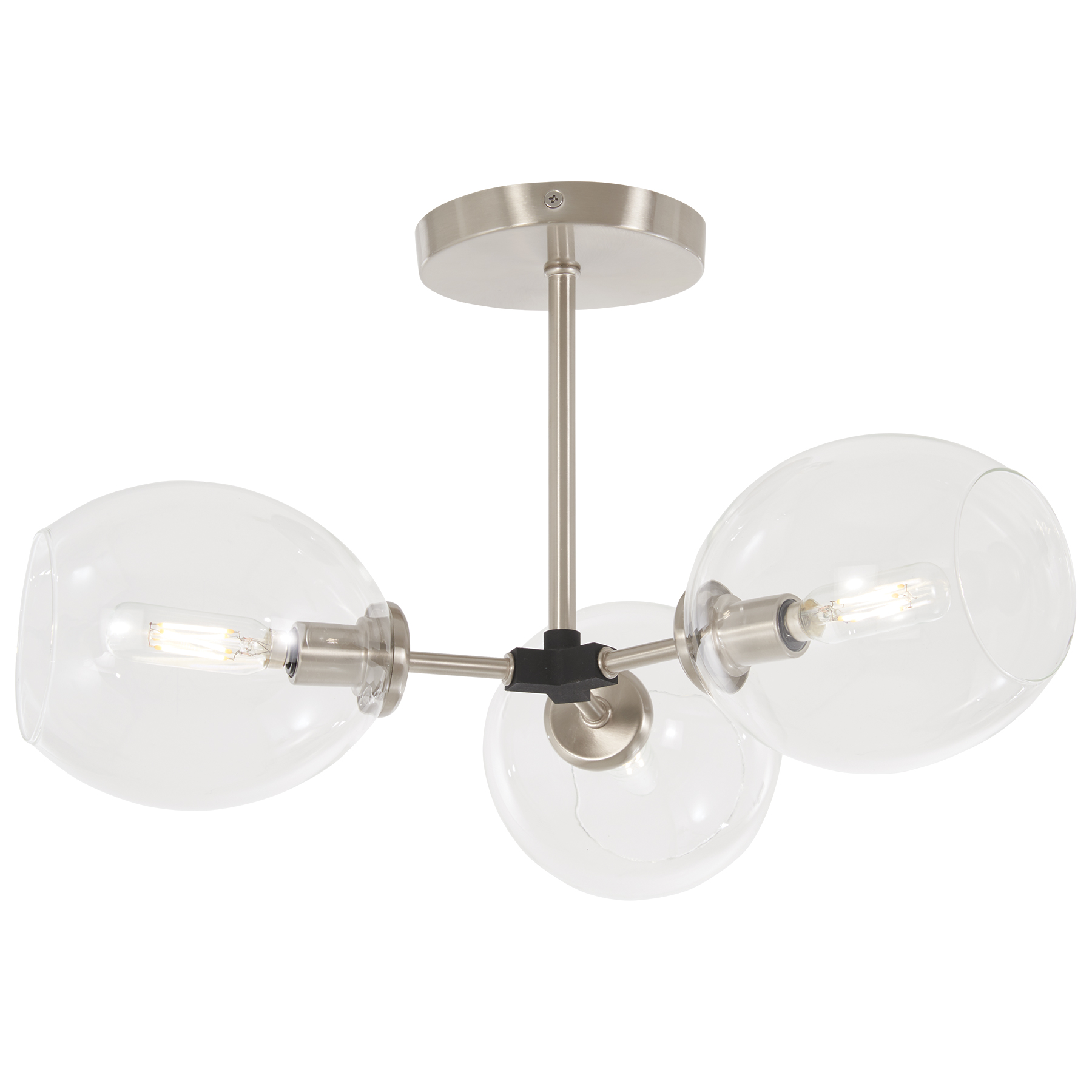 The Nexpo combines brushed nickel with bold black accents for a contemporary look that works in multiple spaces. Clear glass shades provide bright, unfiltered light while the compact profile suits standard ceiling heights.