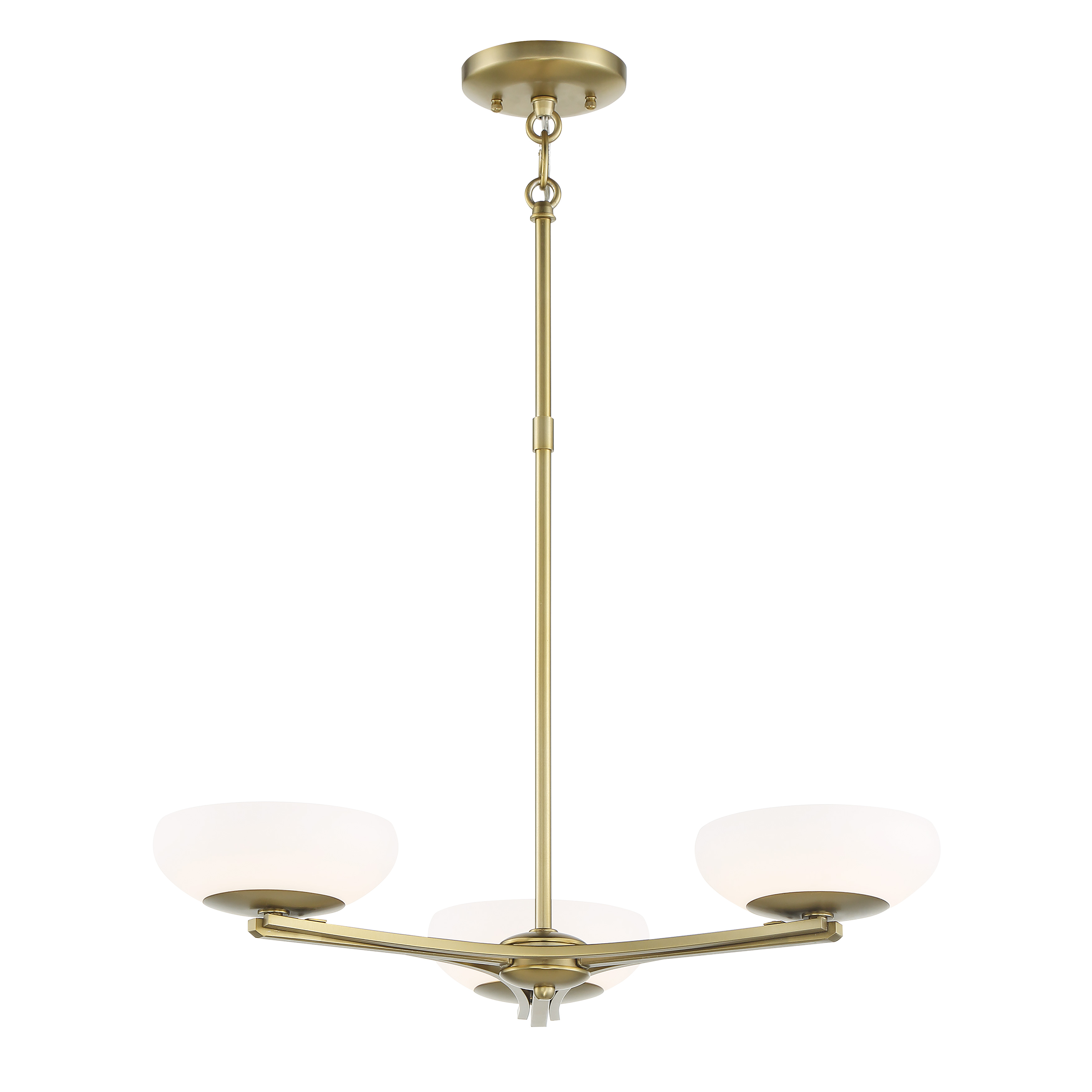The Scale chandelier combines transitional elegance with modern LED efficiency. Its 24-inch linear design features soft brass metalwork and etched white glass shades that provide warm, diffused illumination perfect for dining areas.