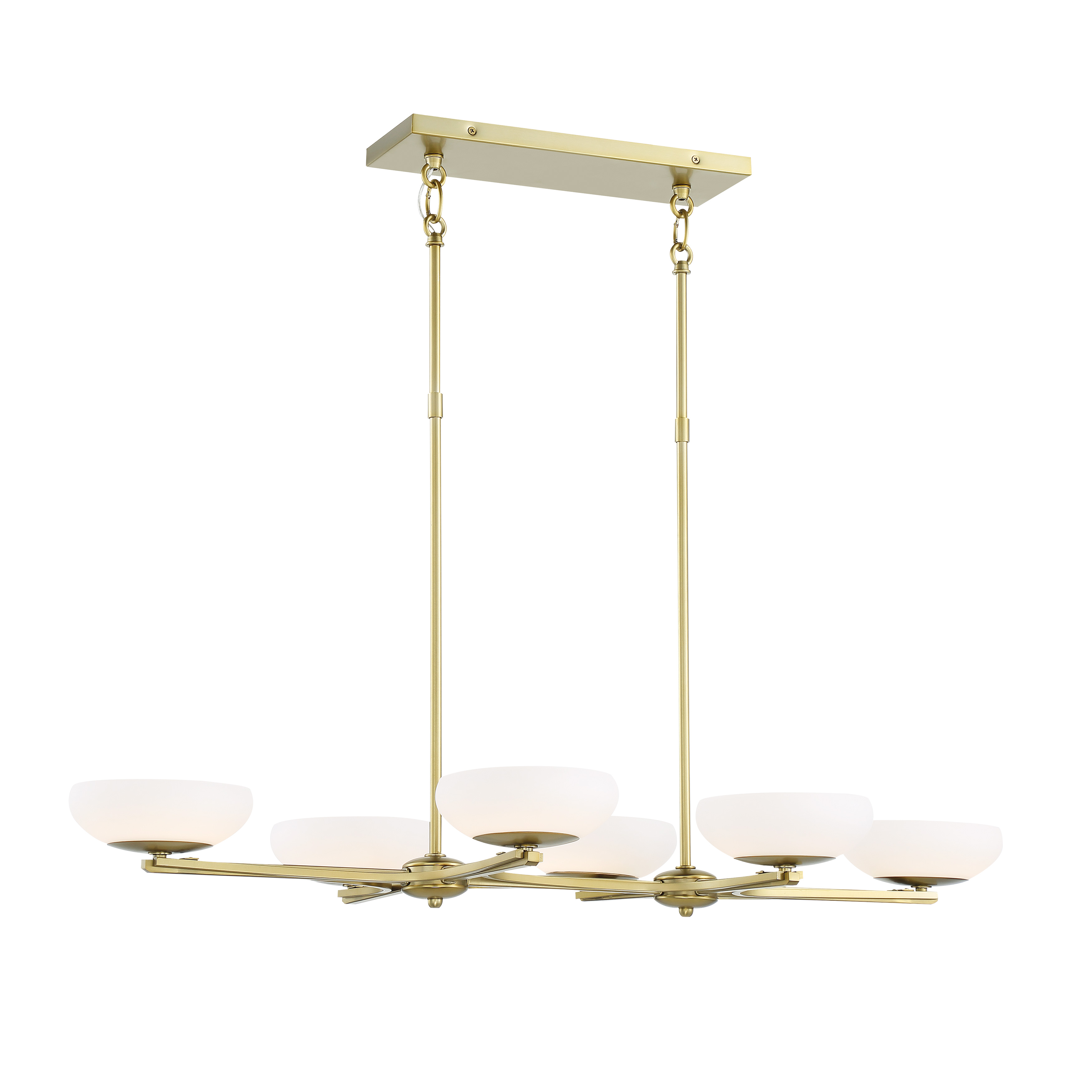 The Scale 6-Light Island Chandelier combines transitional elegance with modern LED efficiency. Its 40-inch linear design and soft brass finish create a sophisticated focal point over kitchen islands and dining tables.