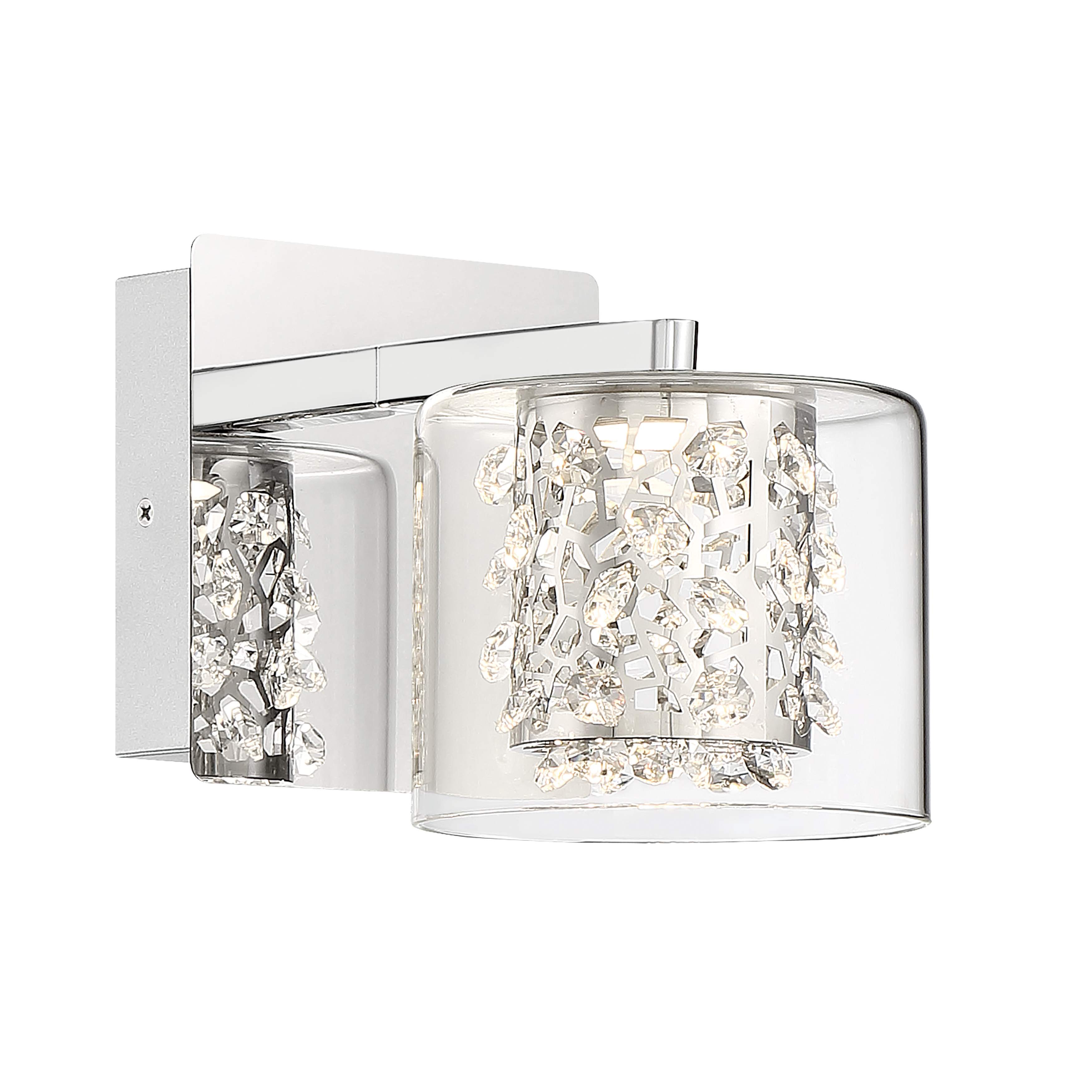 The Wild Gems LED bath light combines contemporary chrome styling with decorative crystal and glass elements. Its compact 5.25-inch profile delivers 497 lumens of high-CRI dimmable light, perfect for modern bathrooms seeking both style and function.