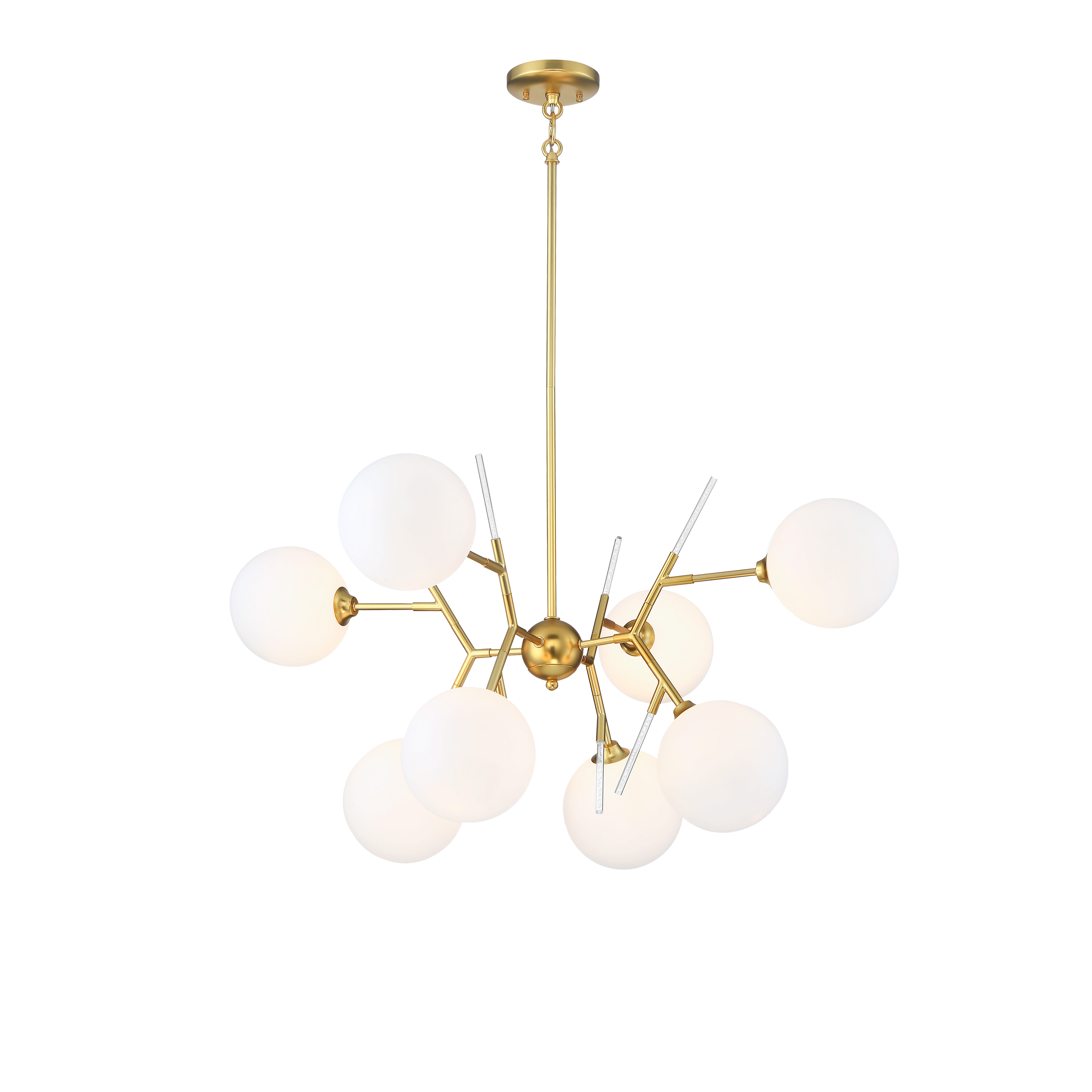 The Polares chandelier combines contemporary elegance with warm metallic tones. Its 36-inch span and 8-light configuration provide substantial illumination, while etched opal glass shades and acrylic accents create a refined, layered aesthetic perfect for modern and transitional interiors.