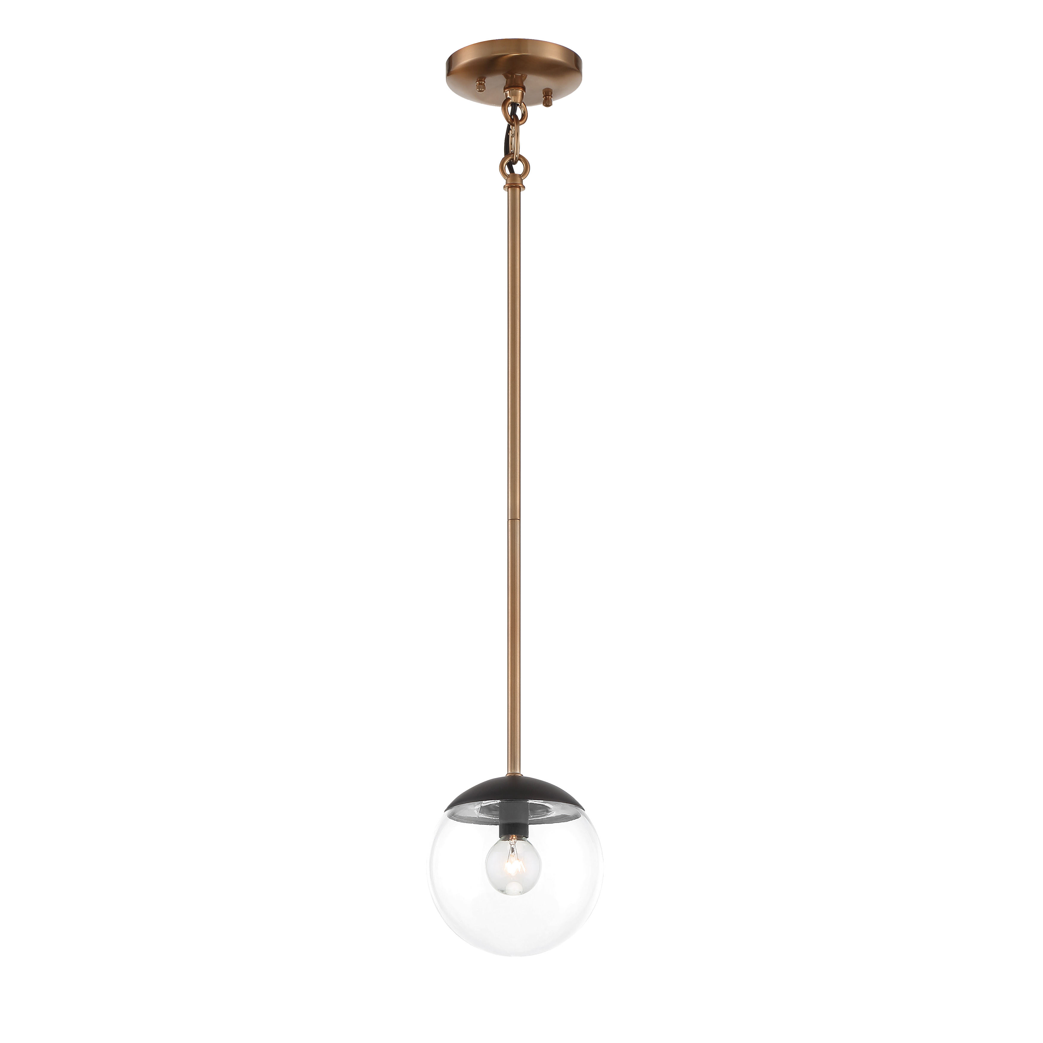 The Outer Limits mini pendant combines painted bronze with brushed brass accents for a sophisticated transitional look. At 6 inches wide, it's perfectly sized for smaller spaces or grouped installations over islands and bars.