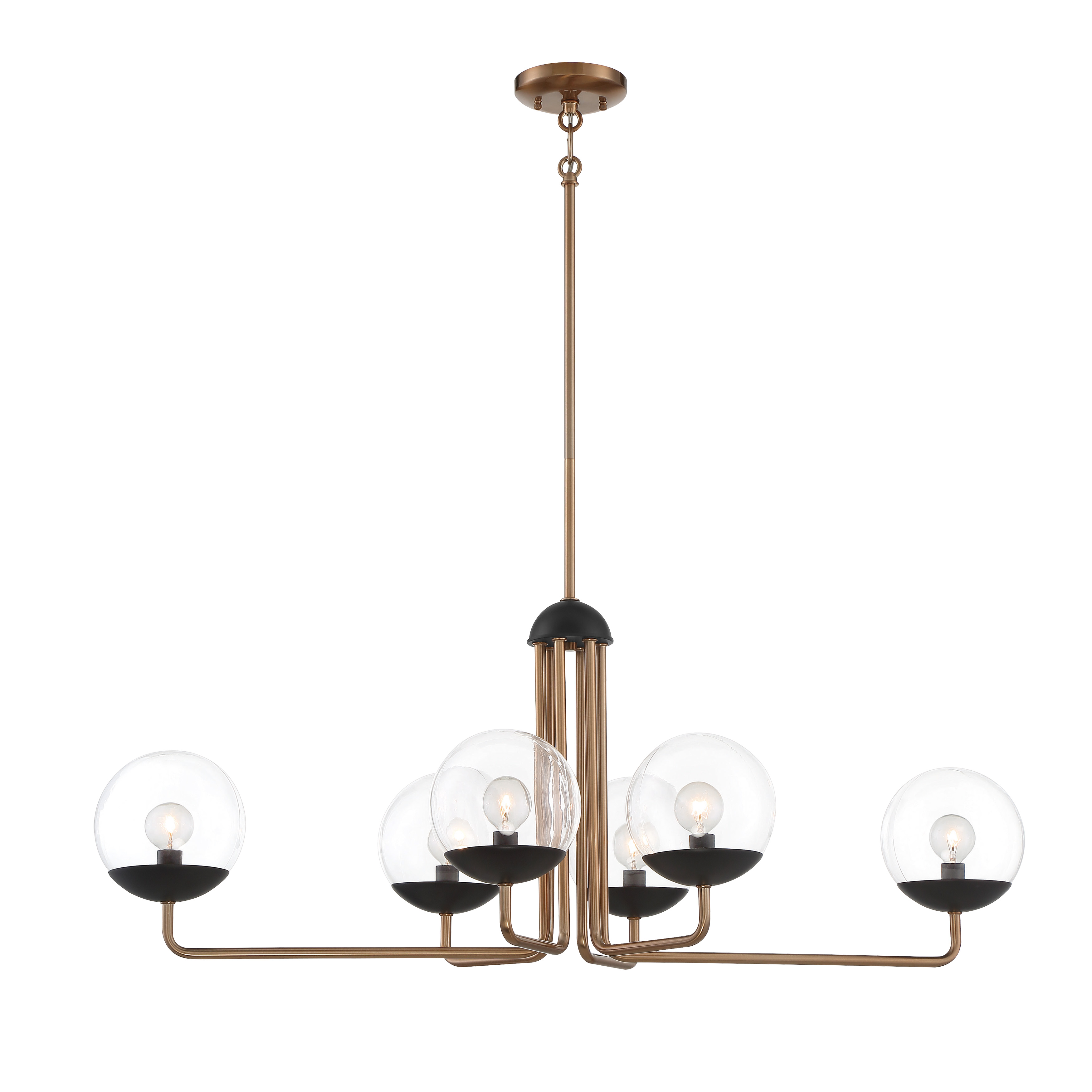 The Outer Limits 6-Light Island Chandelier combines painted bronze with brushed brass accents for a refined transitional look. Its 39-inch linear design provides excellent task lighting over kitchen islands and dining tables.