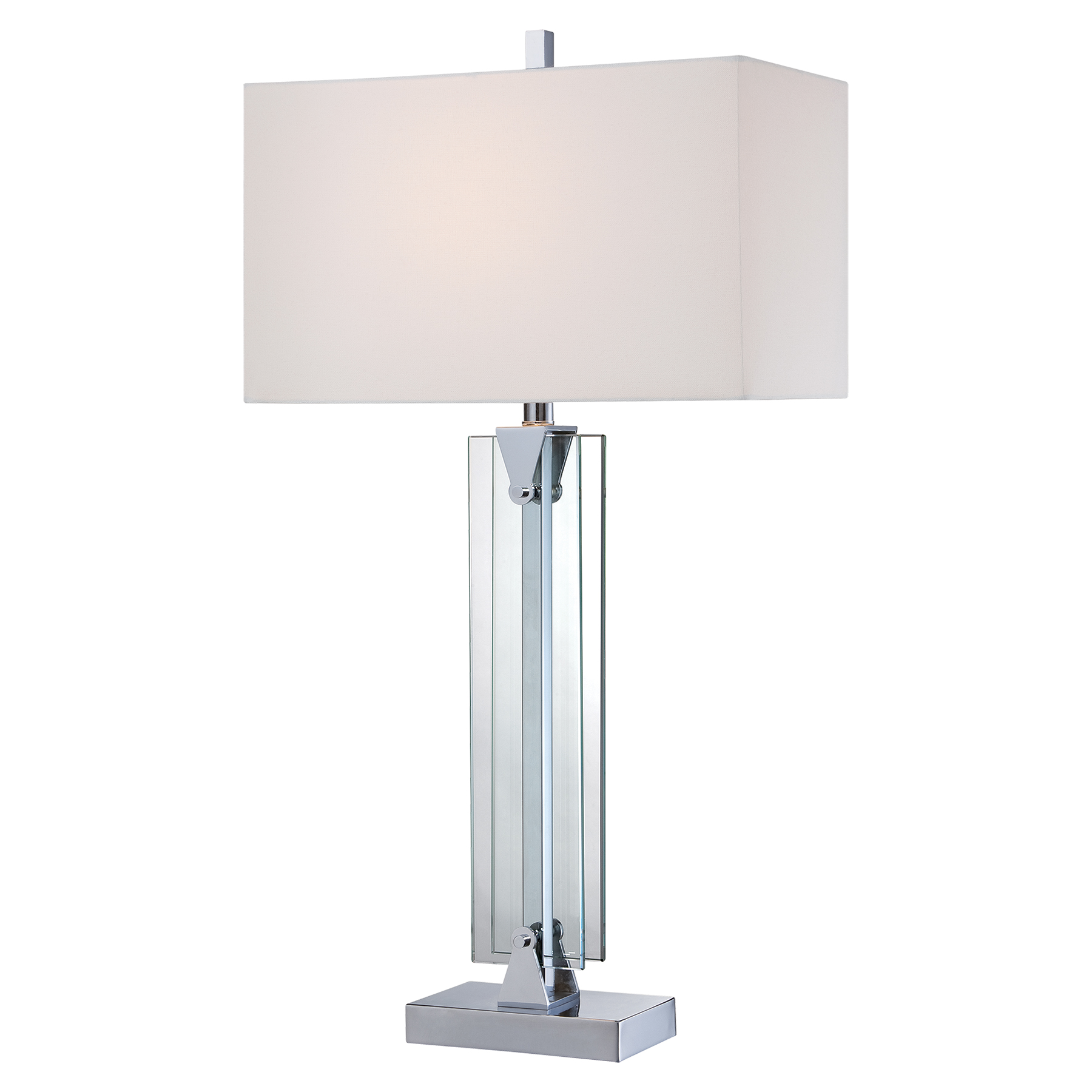 This versatile table lamp combines polished chrome with clear glass accents and a crisp white linen shade, creating a sophisticated lighting solution that bridges traditional and contemporary design aesthetics.