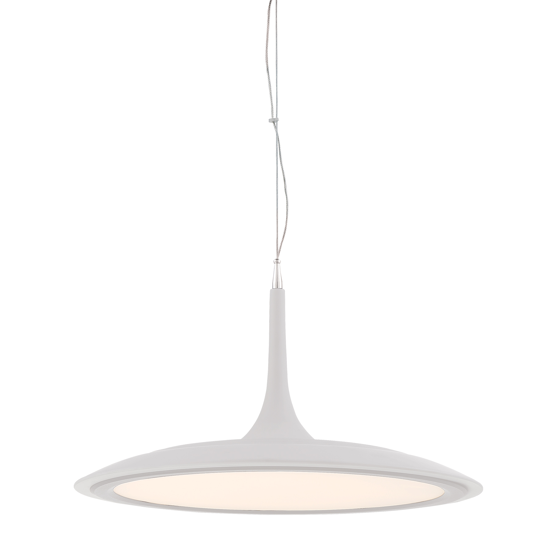 The Hover pendant delivers bright, high-CRI LED illumination in a sleek modern profile. Its 19-inch diameter and matte white finish create a floating disc effect that works beautifully over kitchen islands and dining tables.