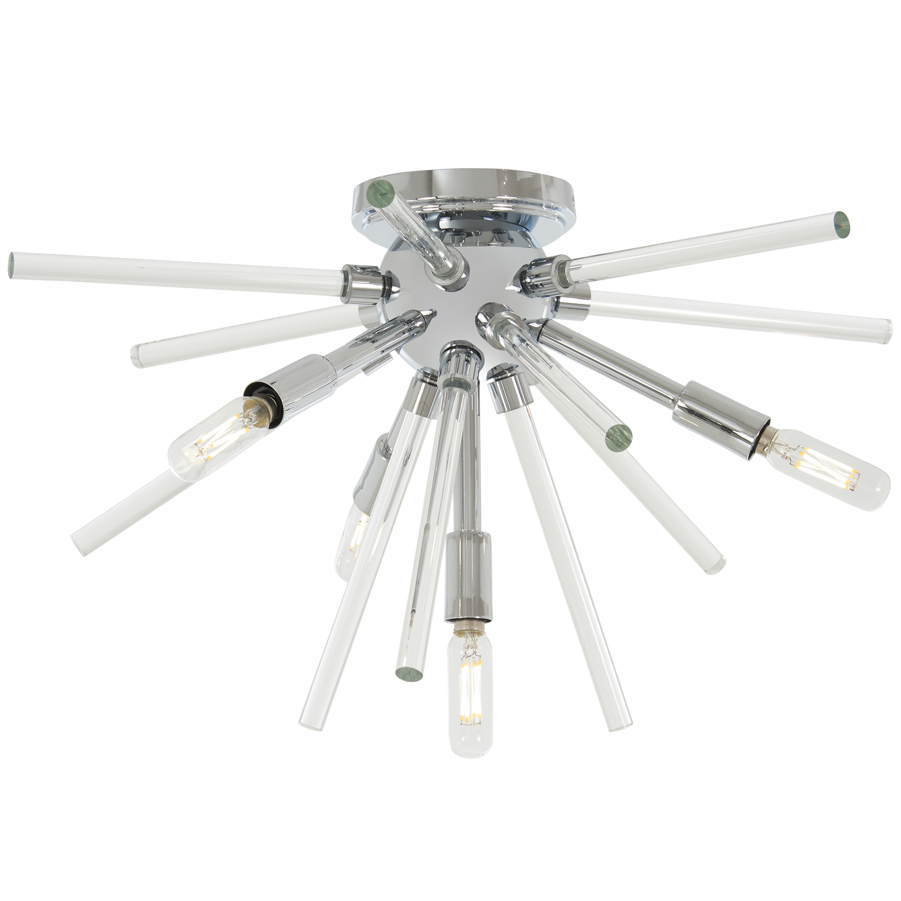 The Spiked flush mount combines contemporary chrome finish with clear glass bars for a modern, architectural look. Its compact 20-inch profile and low 11.75-inch height make it ideal for rooms with standard ceilings.