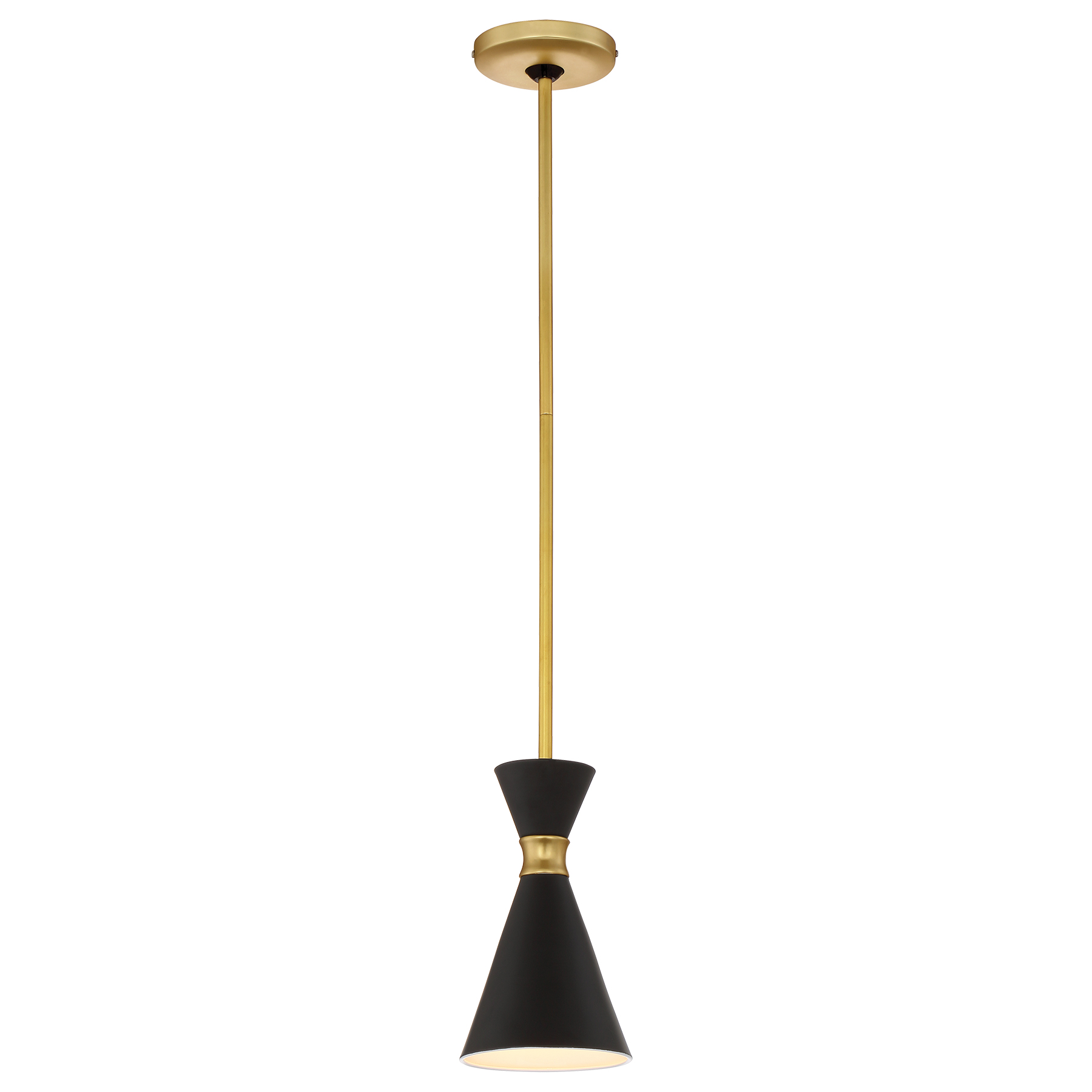 The Conic mini pendant combines warm honey gold hardware with a sleek matte black shade for versatile transitional style. Its compact 5.5-inch width makes it perfect for smaller spaces or clustered installations.