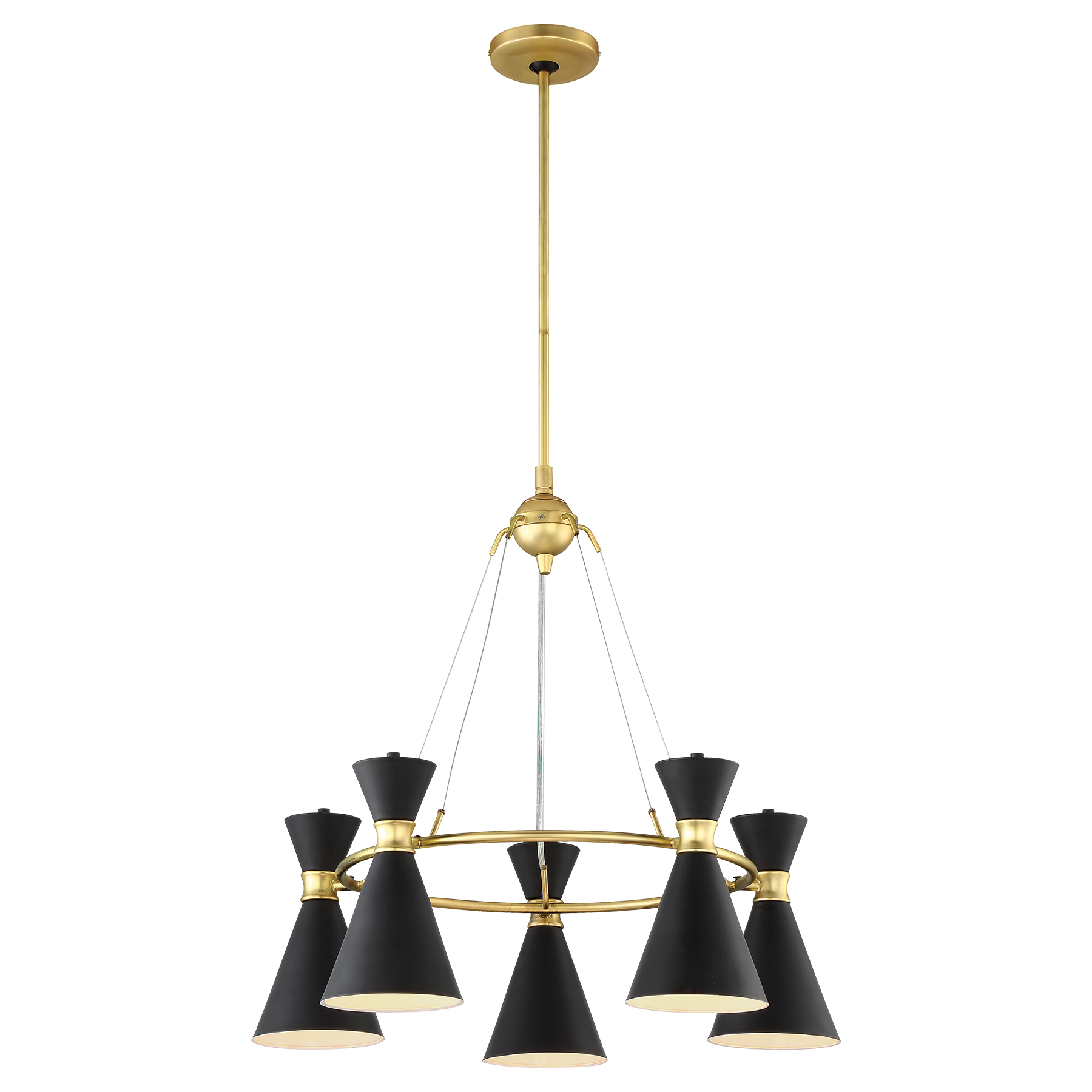 The Conic 5-Light Chandelier combines warm Honey Gold finish with sleek Matte Black shades for a refined transitional aesthetic. At 26 inches wide, it's perfectly scaled for medium dining spaces and kitchen islands.