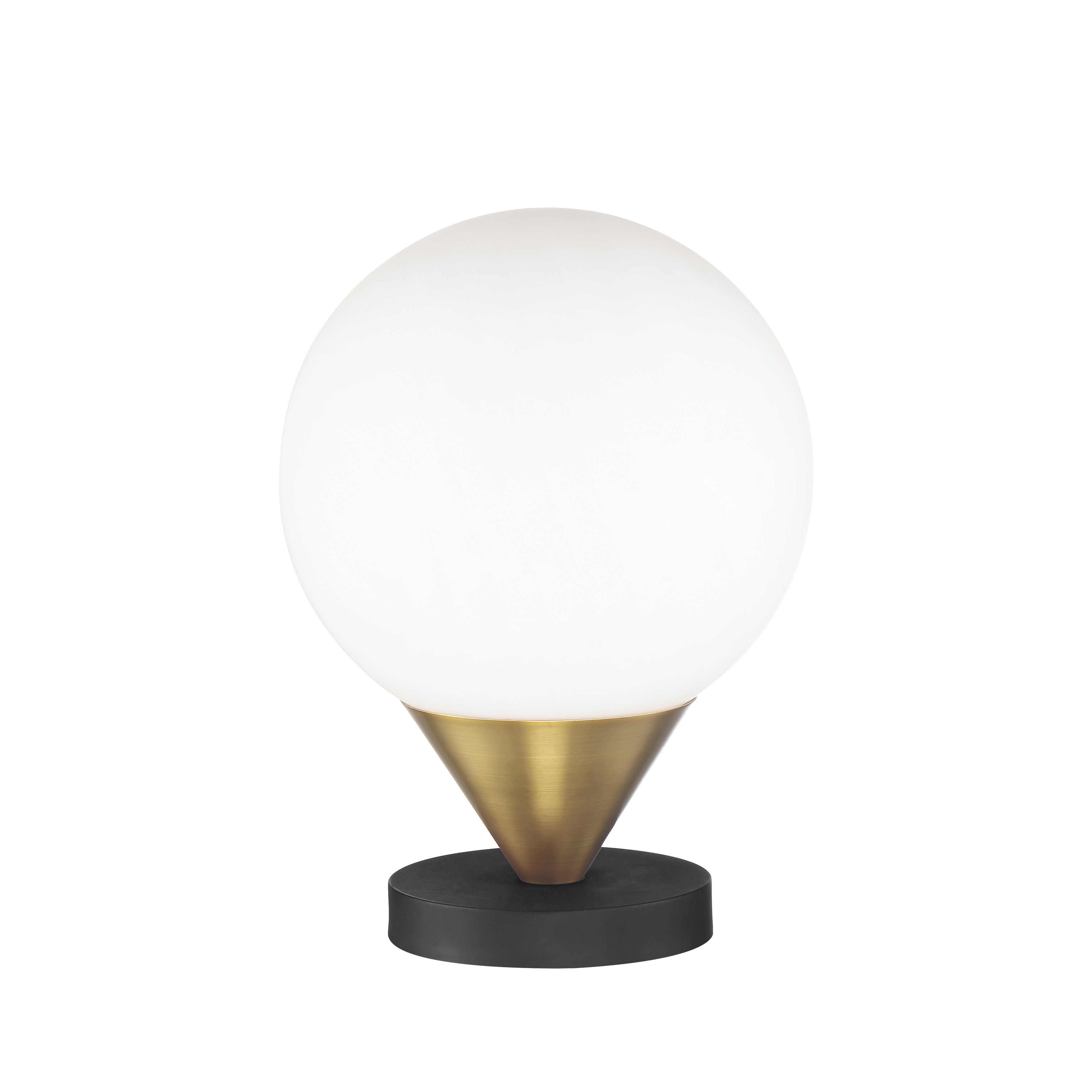 The Alluria table lamp combines weathered black steel with autumn gold accents for a sophisticated contemporary look. Its compact 9-inch footprint and etched opal glass shade make it ideal for smaller spaces needing ambient lighting.