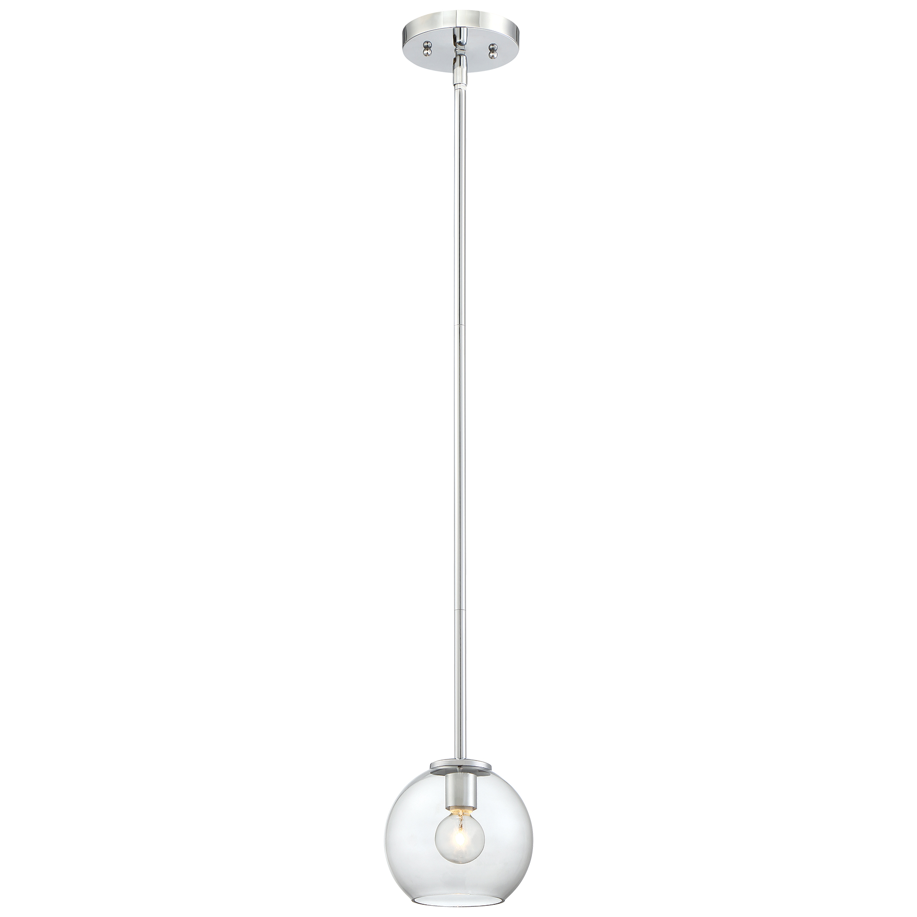 This petite pendant combines polished chrome hardware with a smoky glass globe for a refined, contemporary look. Perfect for multiples over islands or as accent lighting in compact spaces.