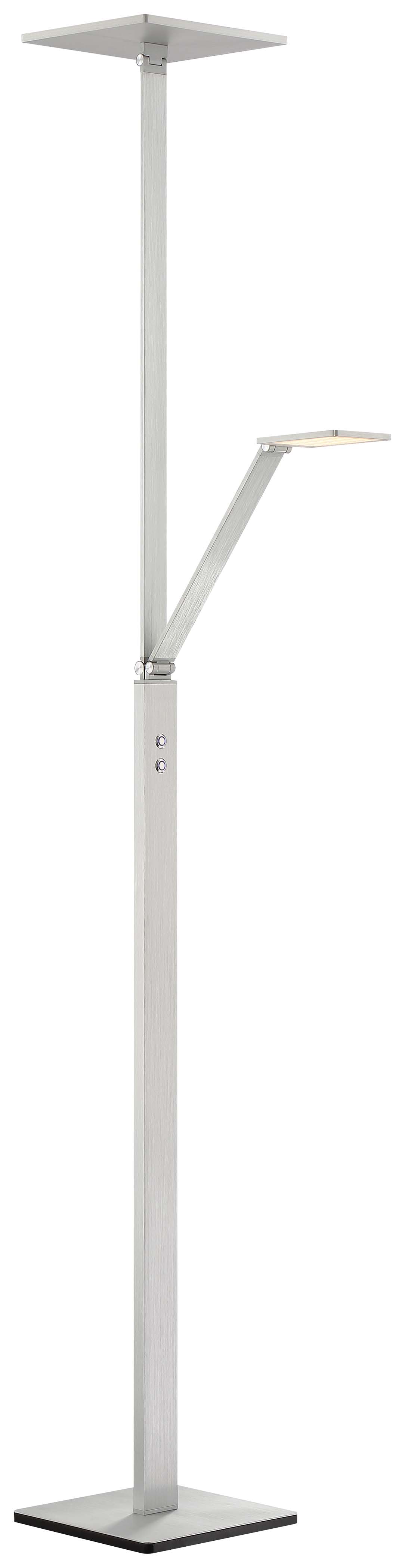 This 71-inch task floor lamp combines two LED light sources (8W and 25W) for flexible illumination. The chiseled nickel finish and clean metal design suit professional and residential spaces, while dimmable LEDs provide customizable lighting.