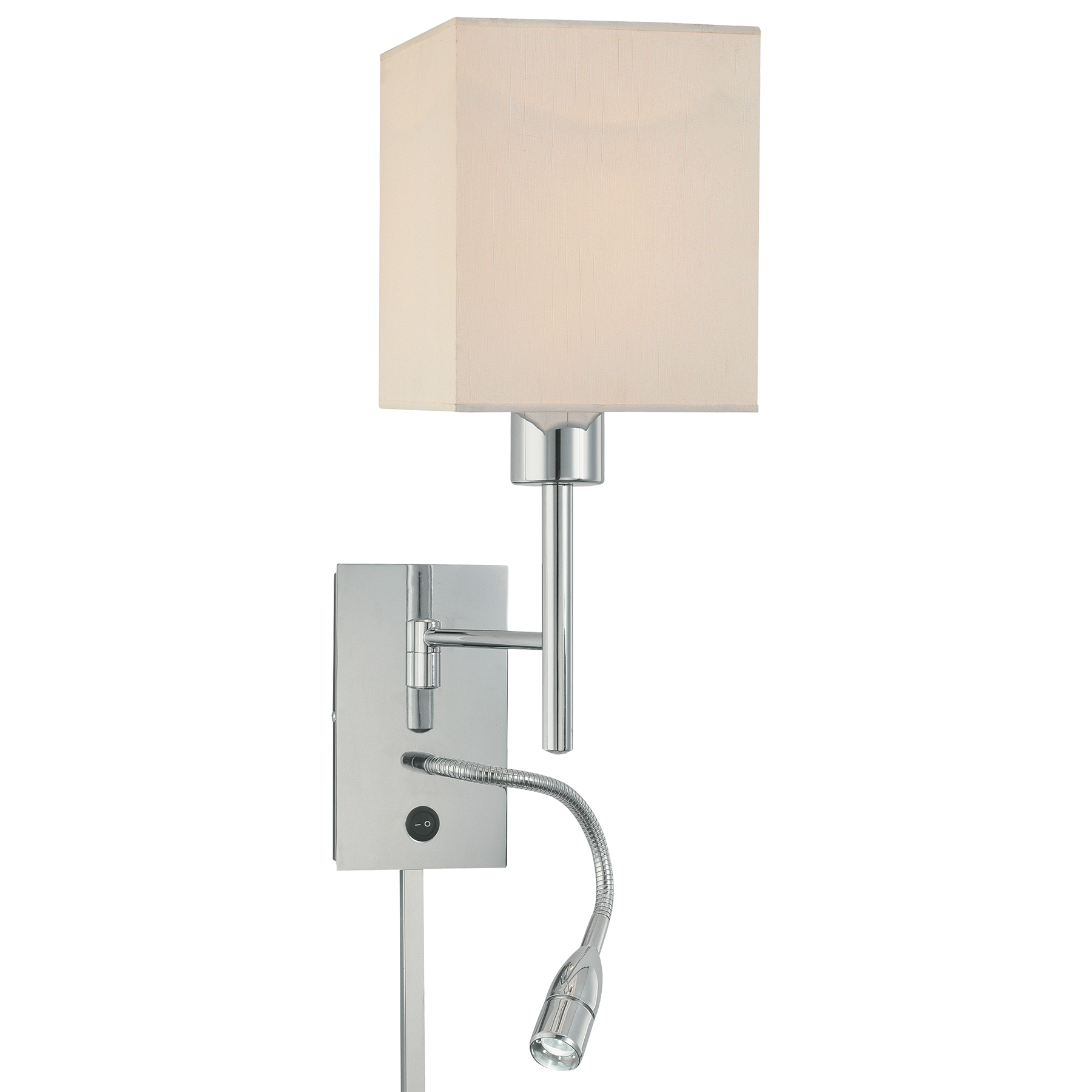 The George's Reading Room Wall Lamp combines functional task lighting with transitional style. Features integrated LED plus a traditional bulb socket, chrome finish, and white fabric shade for versatile bedroom or office use.