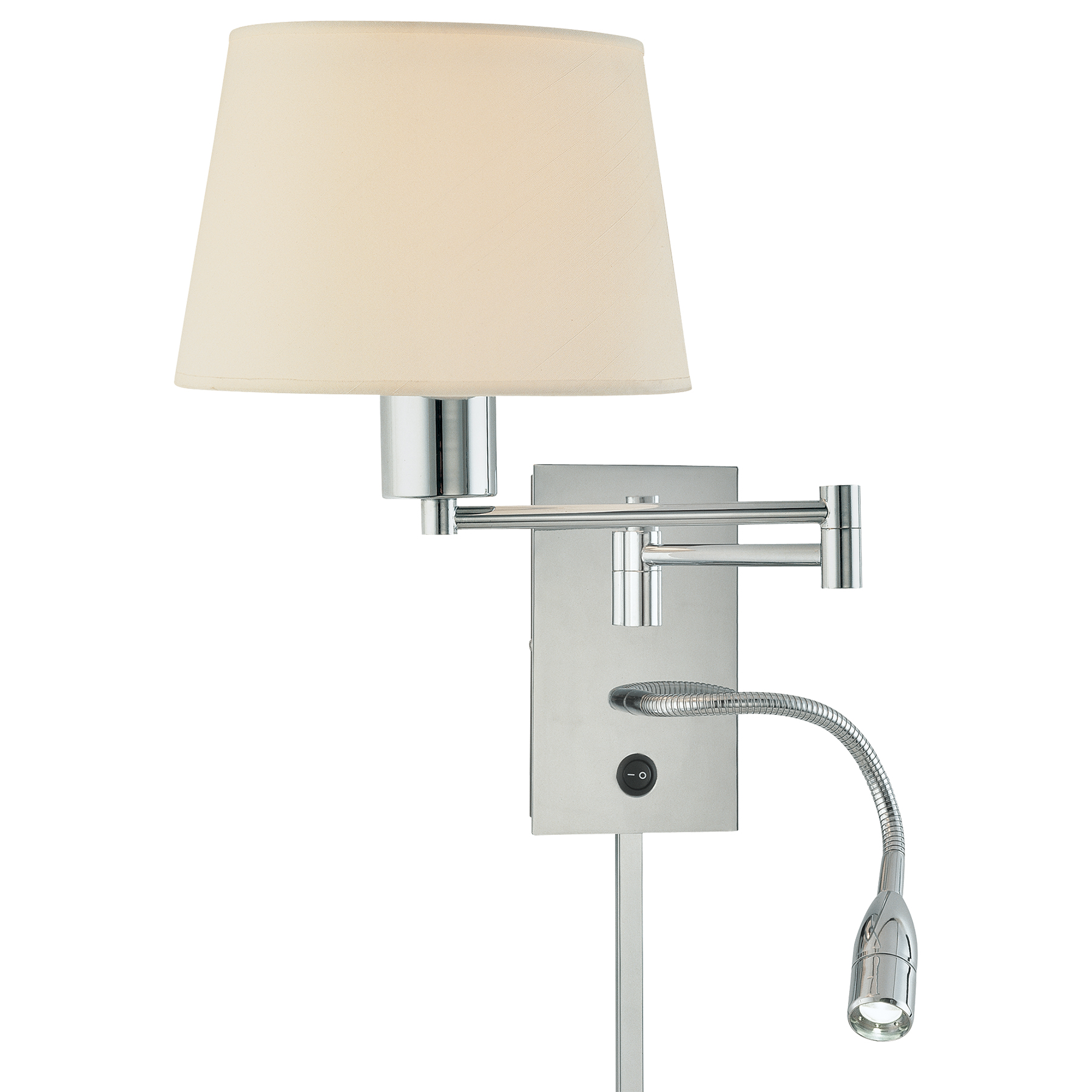 This dual-function wall sconce combines a traditional swing arm with integrated LED lighting, perfect for bedside reading or task lighting. The chrome finish and white fabric shade offer clean, transitional styling.