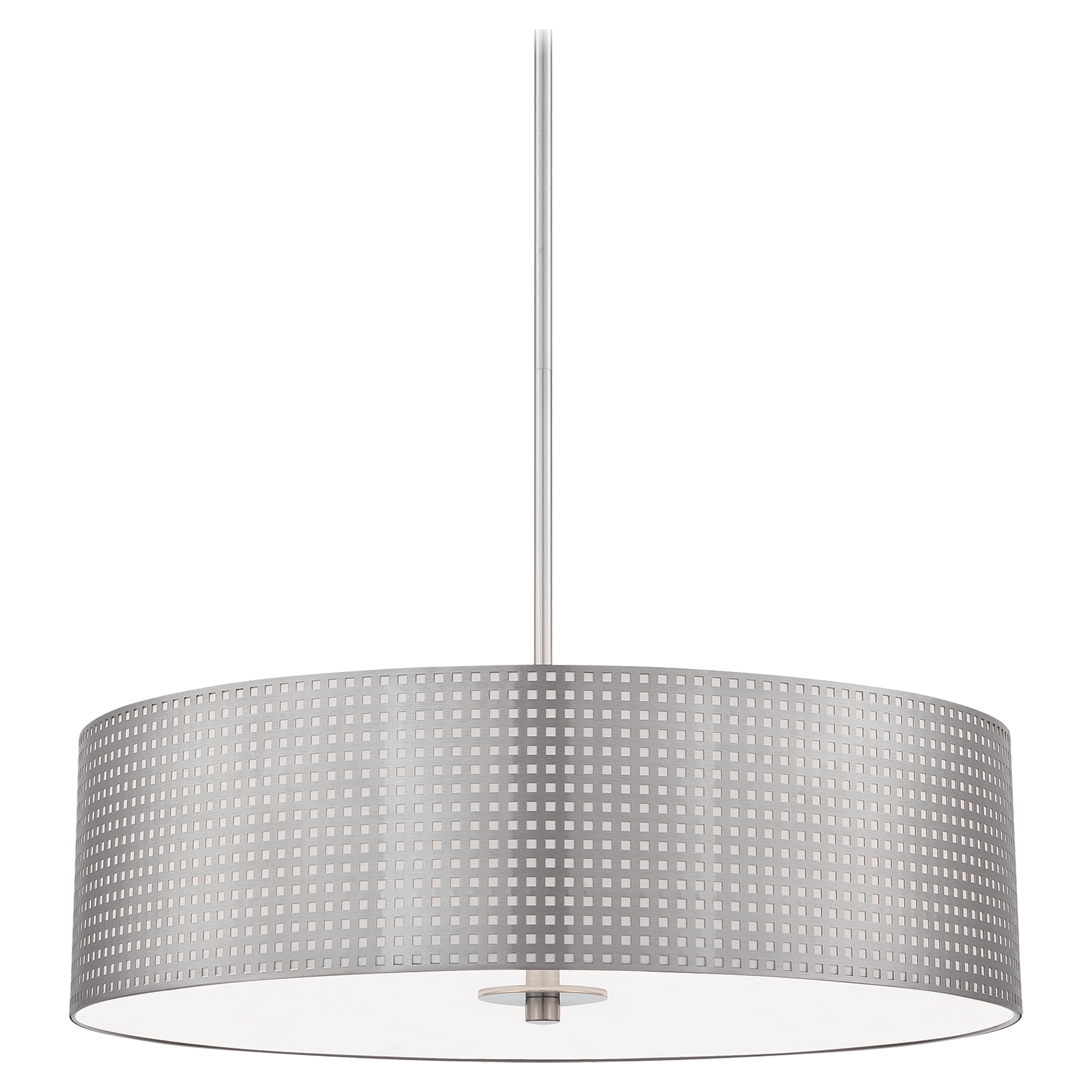 The Grid pendant combines perforated steel with brushed nickel for an industrial-chic aesthetic that works in both traditional and contemporary spaces. Four-light configuration provides ample illumination for dining and task areas.