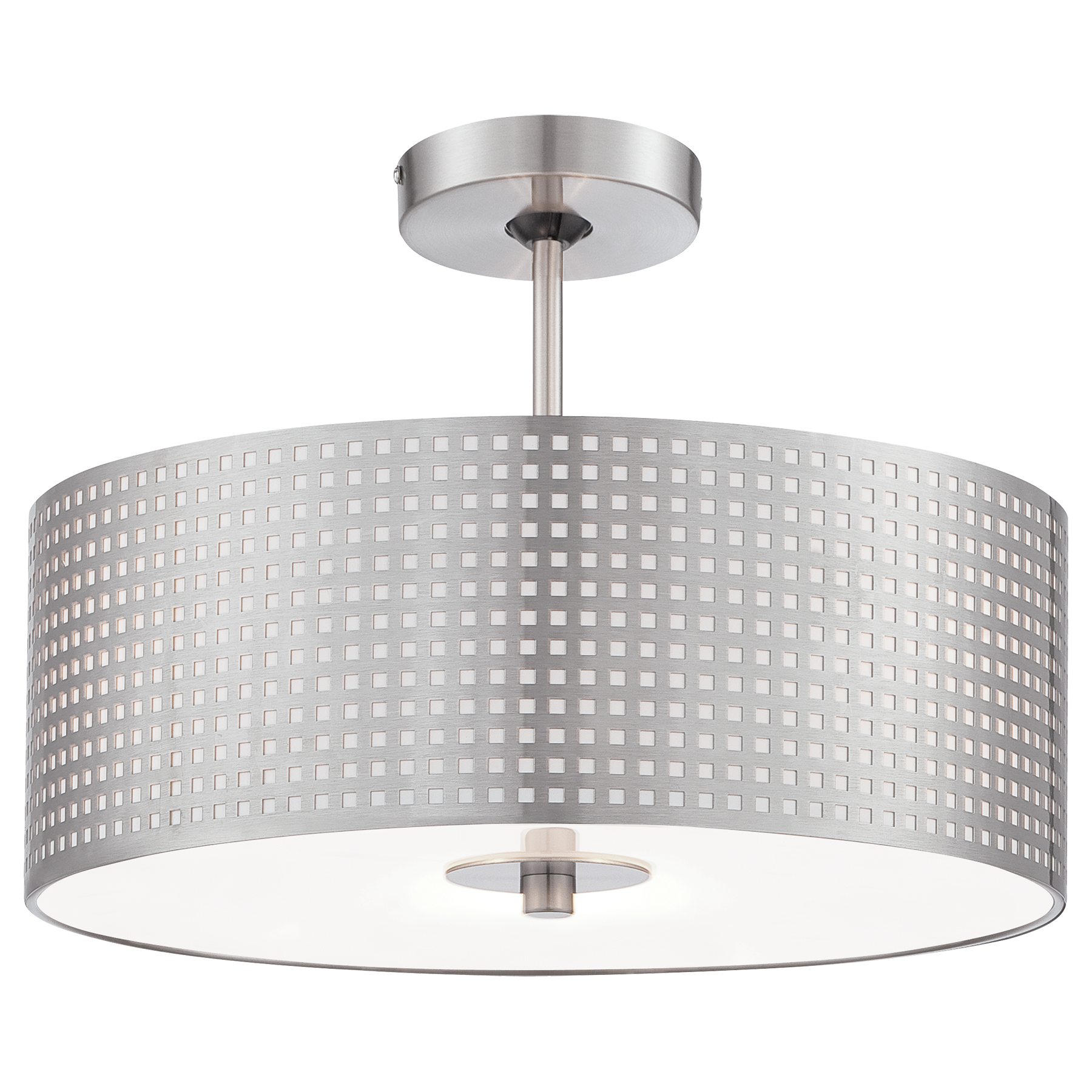 The Grid semi-flush mount combines industrial style with transitional appeal through its perforated steel shade and brushed nickel finish. Perfect for spaces with lower ceilings, it provides ambient lighting while adding architectural interest.