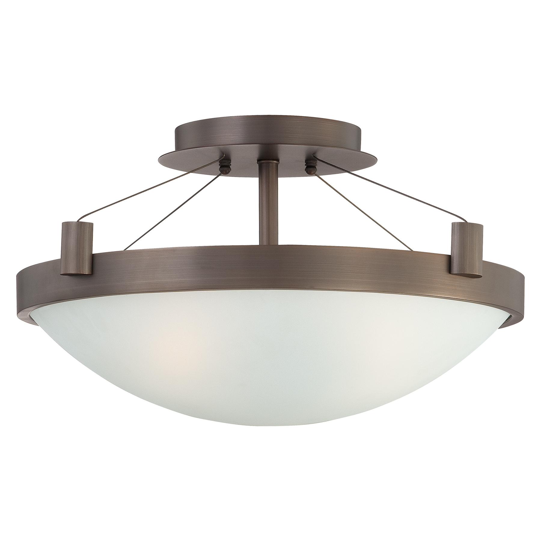 The Suspended semi-flush combines transitional styling with practical functionality. Its copper bronze patina finish adds warmth while frosted glass shades provide even, glare-free illumination perfect for lower ceilings.