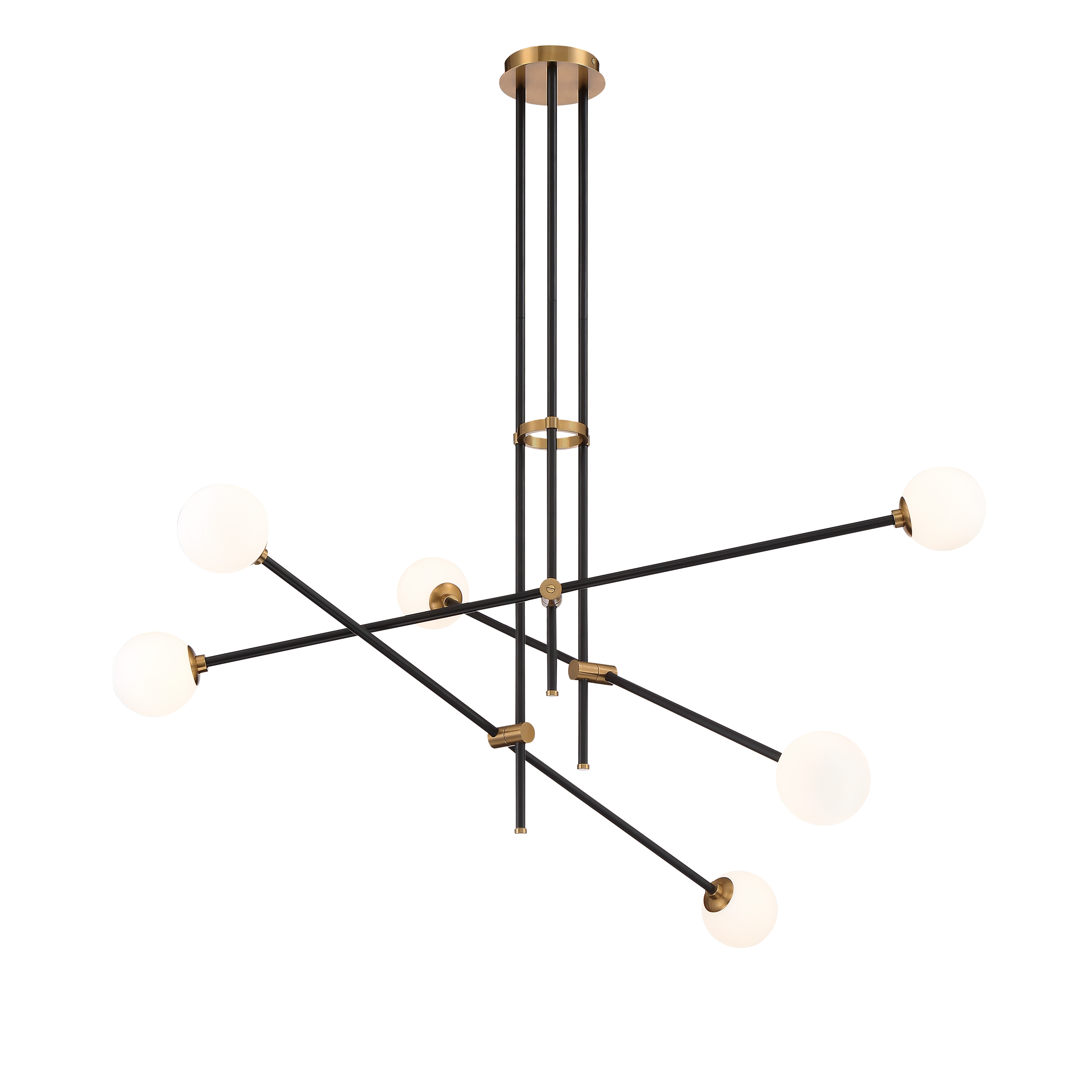 The Cosmet chandelier combines dramatic scale with refined modern design. Its 41-inch width and coal black finish with aged brass accents create a striking focal point, while six G9 bulbs provide ample illumination for large spaces.
