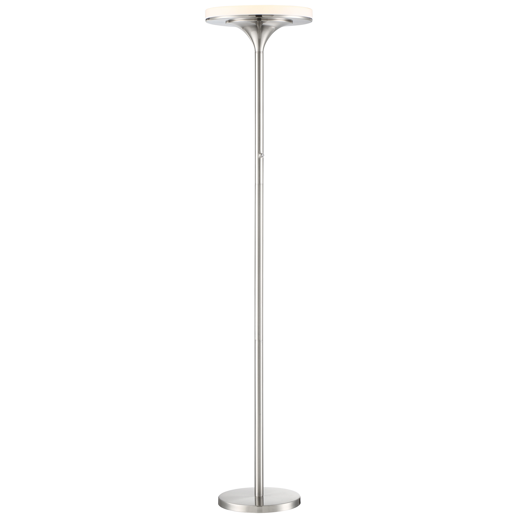 The U.H.O. LED Torchiere combines modern efficiency with transitional styling. Its 40W integrated LED produces 2,696 lumens of high-CRI light through a white acrylic diffuser, creating soft ambient illumination perfect for living spaces.